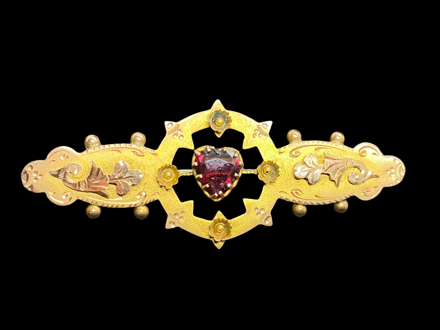 Antique 9k Solid Gold Puffy Brooch with Red Garnet Heart | 1880s England | Victorian Design