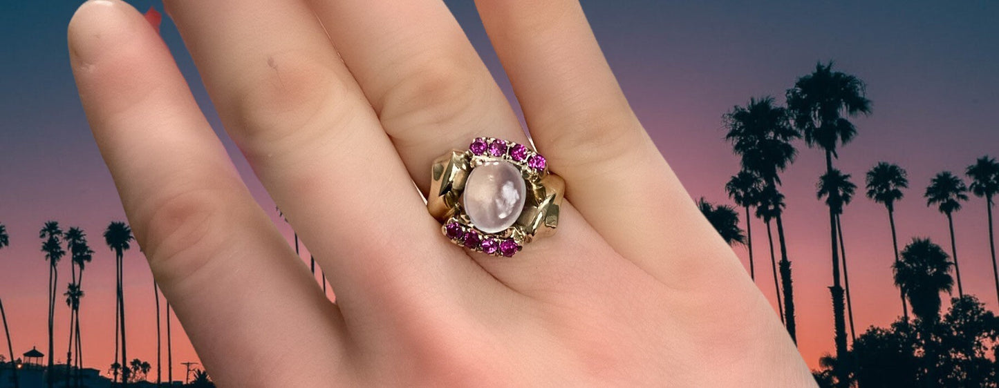 Beautiful Antique Moonstone Ruby and 10K Yellow Gold Statement Ring
