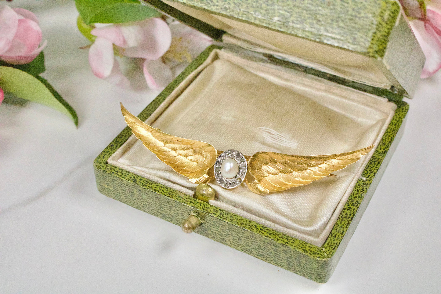 Antique French 18k Diamond and Demi-Pearl Winged Brooch