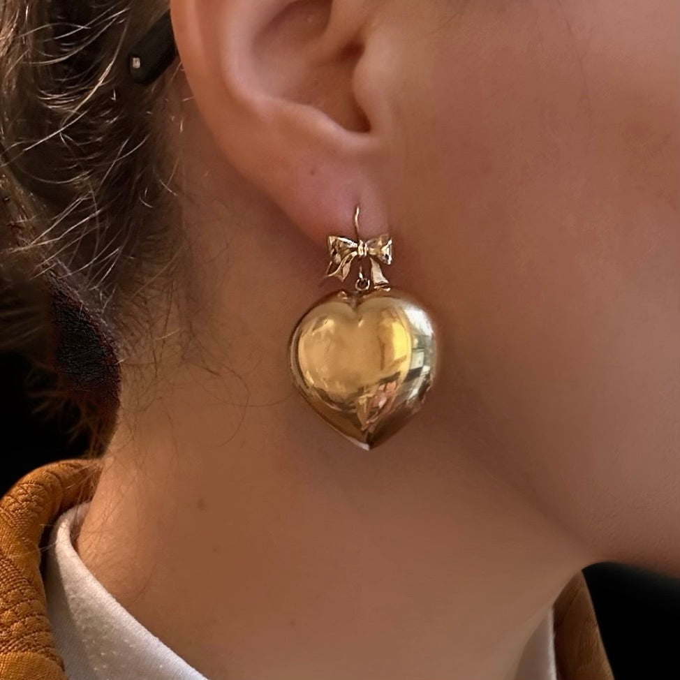 XL Vintage Italian 14k Puffy Heart Bow Earrings