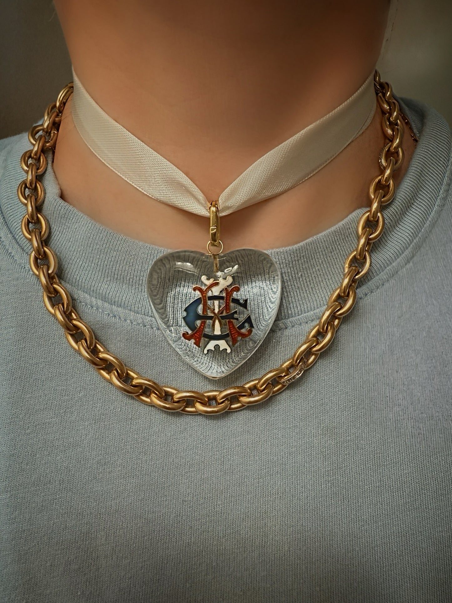 Antique Rock Crystal Heart Enamel AEI Momogram 14k Bail