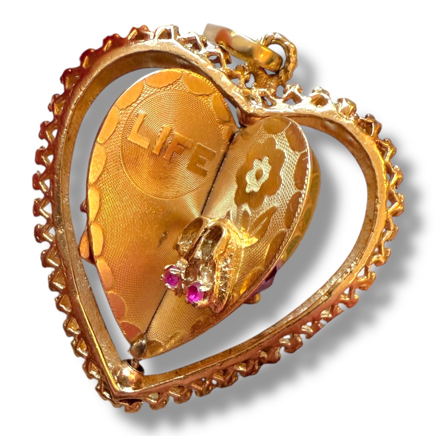 XL Vintage 14k Amethyst, Ruby, Spinel Spinner 3D Heart Charm