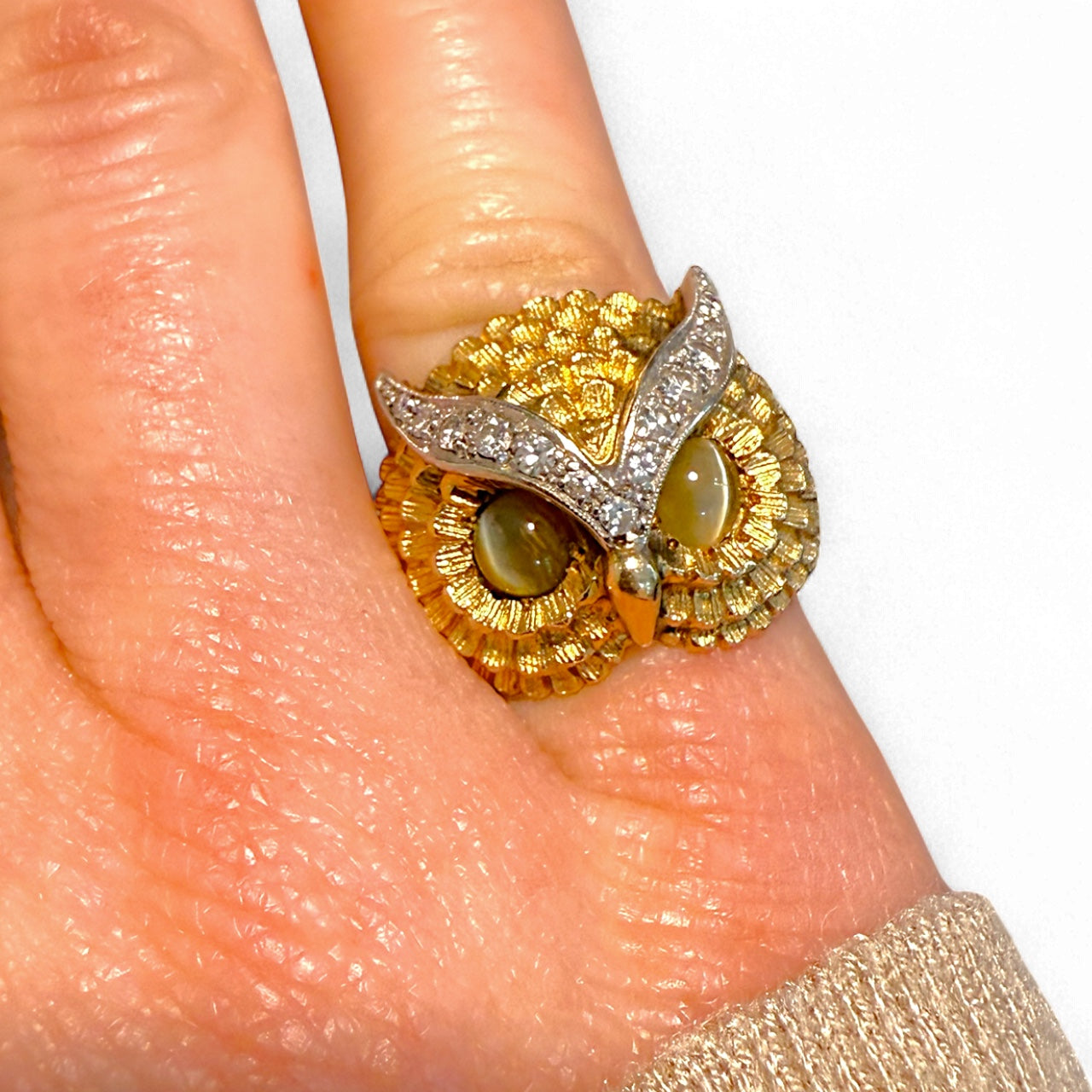 Vintage 14k Diamond and Cats Eye Owl Ring