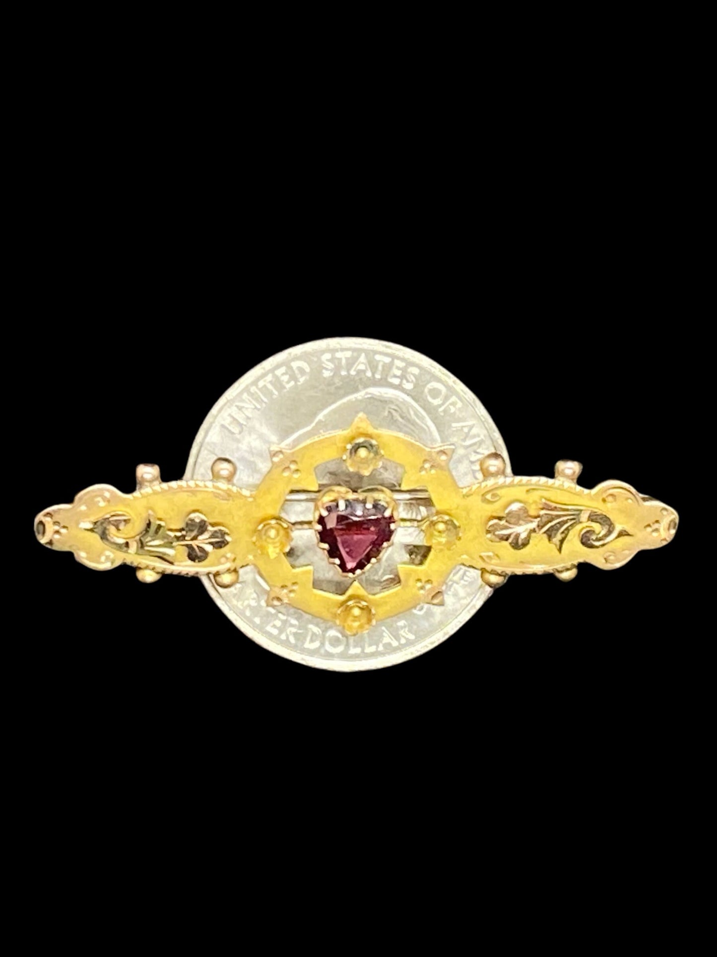 Antique 9k Solid Gold Puffy Brooch with Red Garnet Heart | 1880s England | Victorian Design