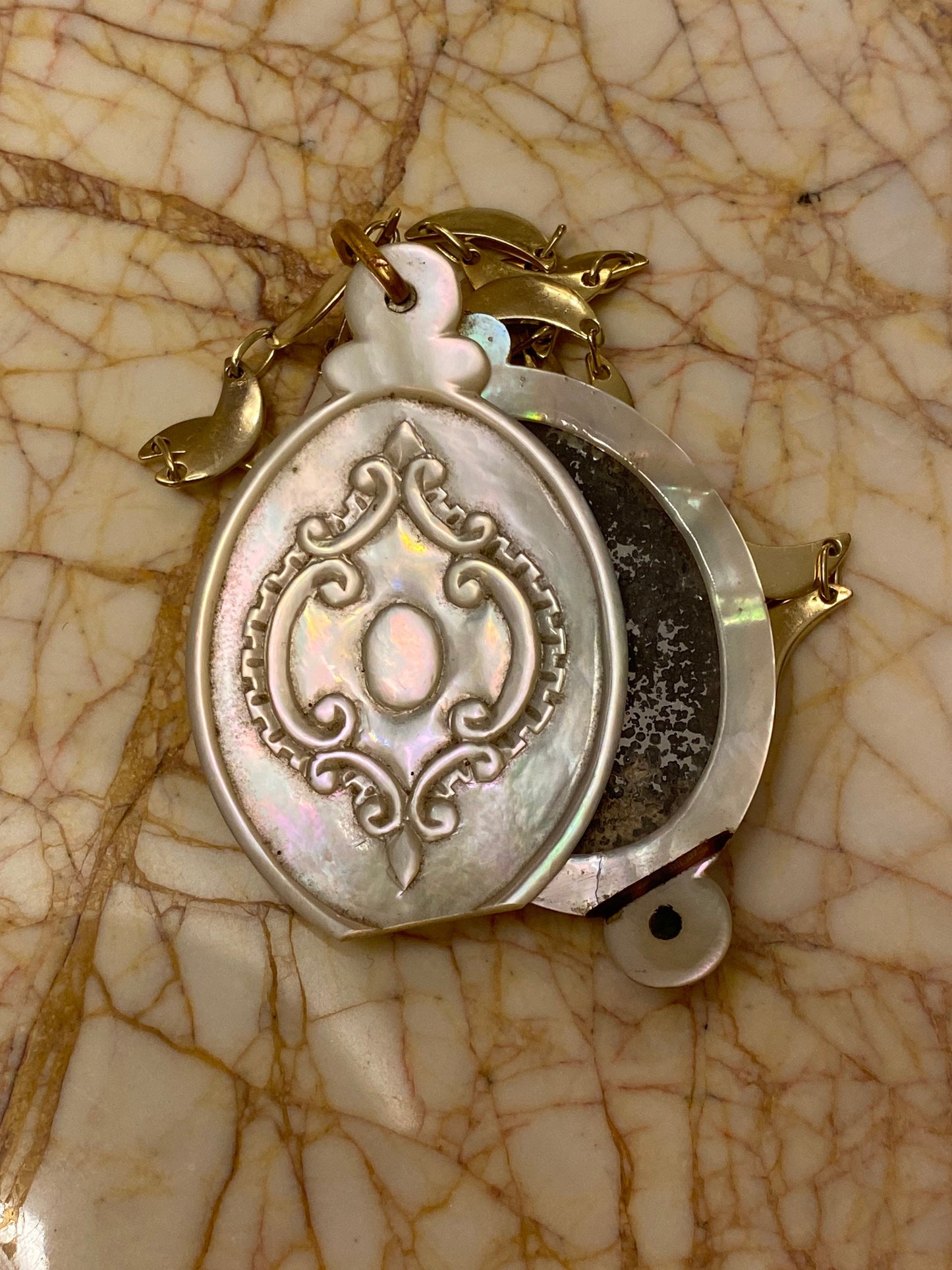 Antique French Slide Locket with 14k Bail | LARGE Mother of Pearl Locket with an Antique Mirror Inside