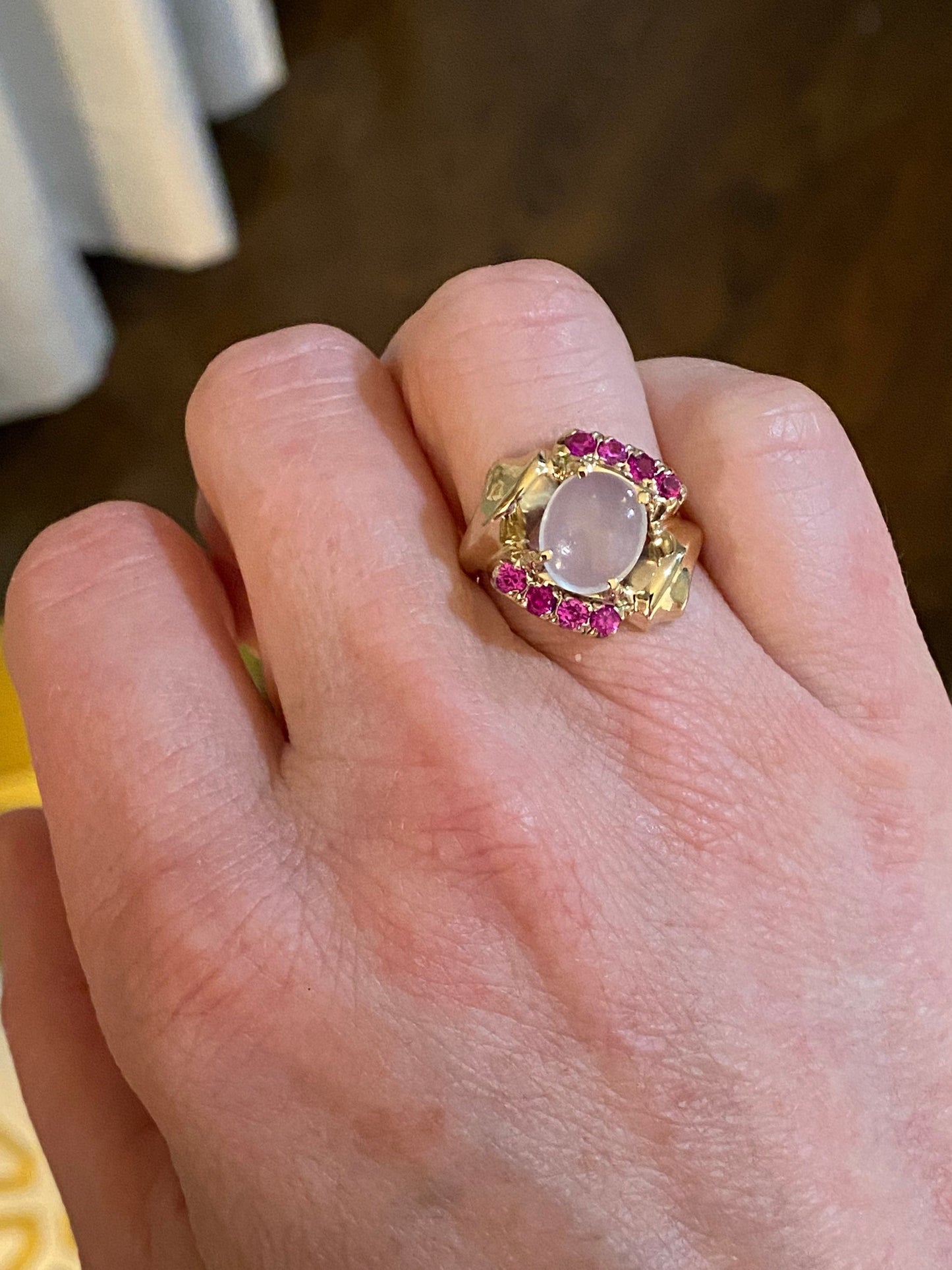 Beautiful Antique Moonstone Ruby and 10K Yellow Gold Statement Ring