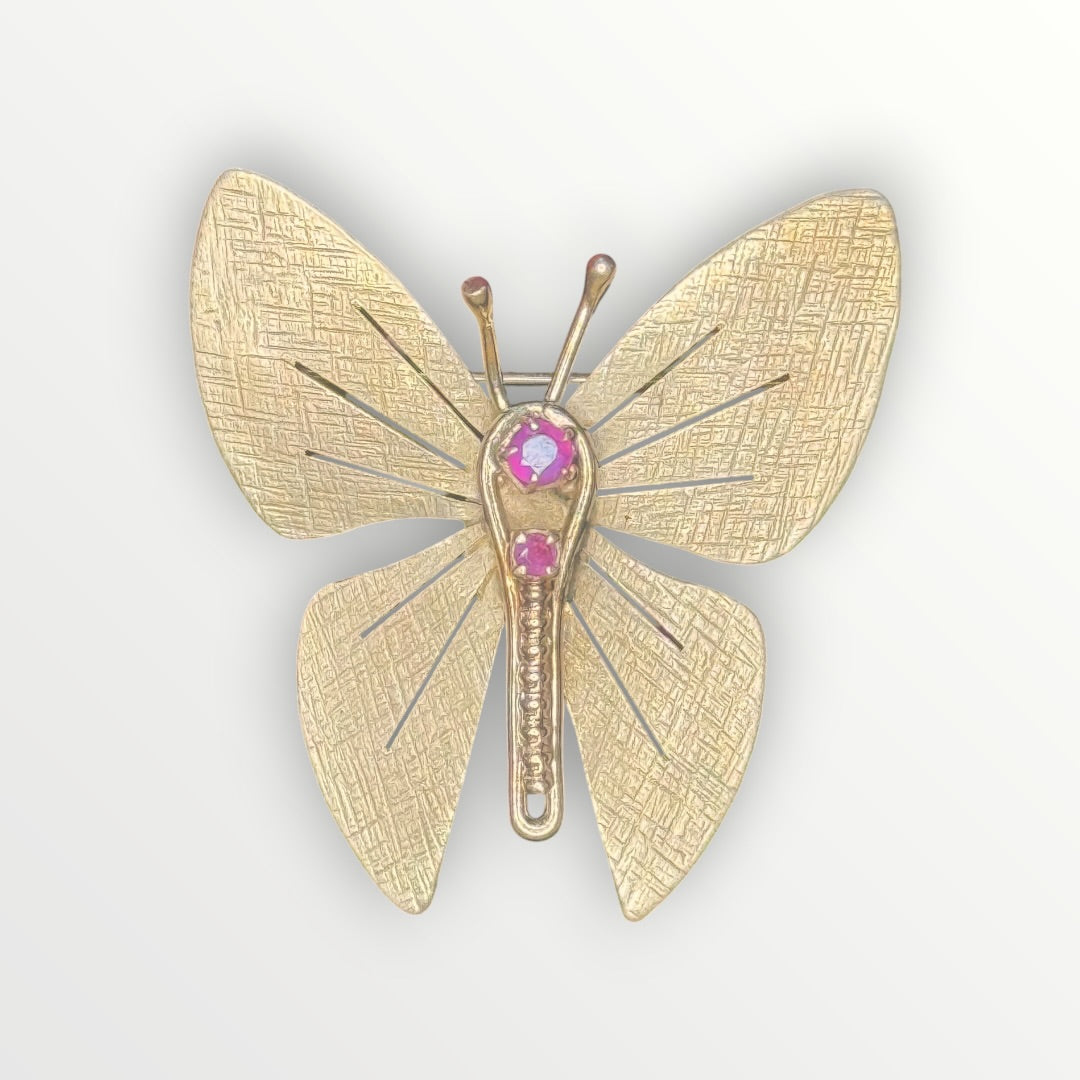 Vintage 14k Yellow Gold Ruby  Butterfly Brooch - Signed by Carl-Art