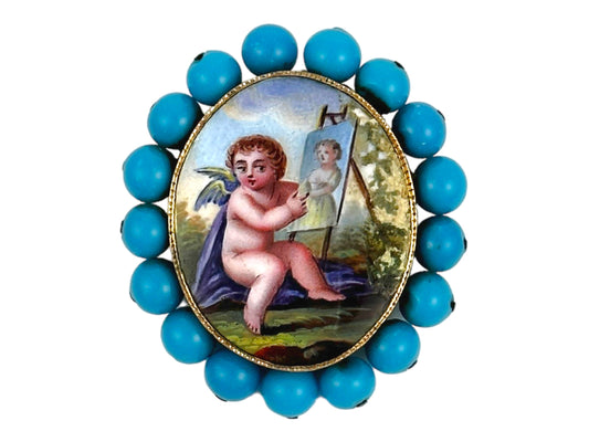 Antique 18k and Painted Enamel Miniature Cupid Painting