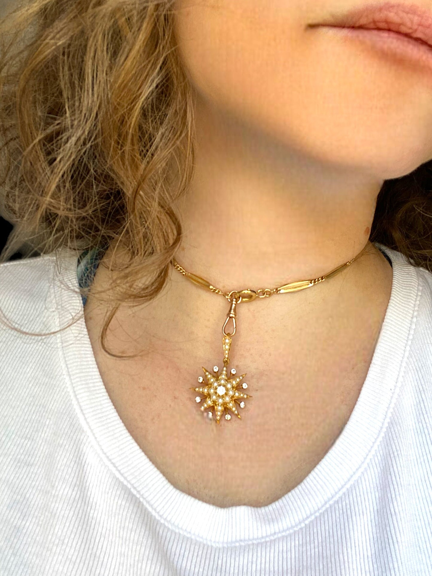 Superb 18k Yellow Gold Victorian Starburst Convertible Pendant / Brooch with Diamonds and Seed Pearls