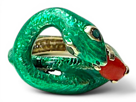 Vintage 14k Yellow Gold, Coral, Enamel Snake and Apple Ring