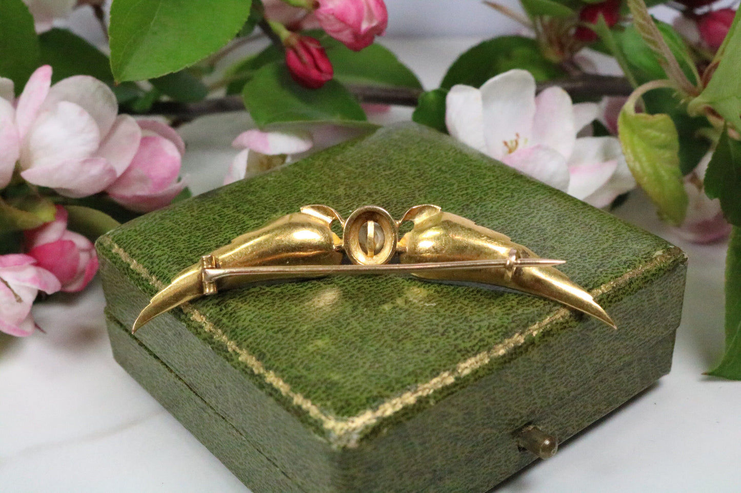 Antique French 18k Diamond and Demi-Pearl Winged Brooch