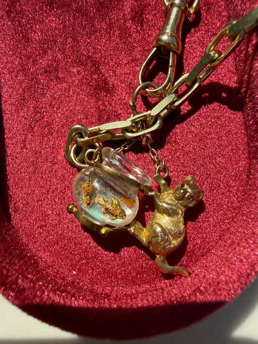 Antique 9k Cat with Essex Crystal Fishbowl Charm