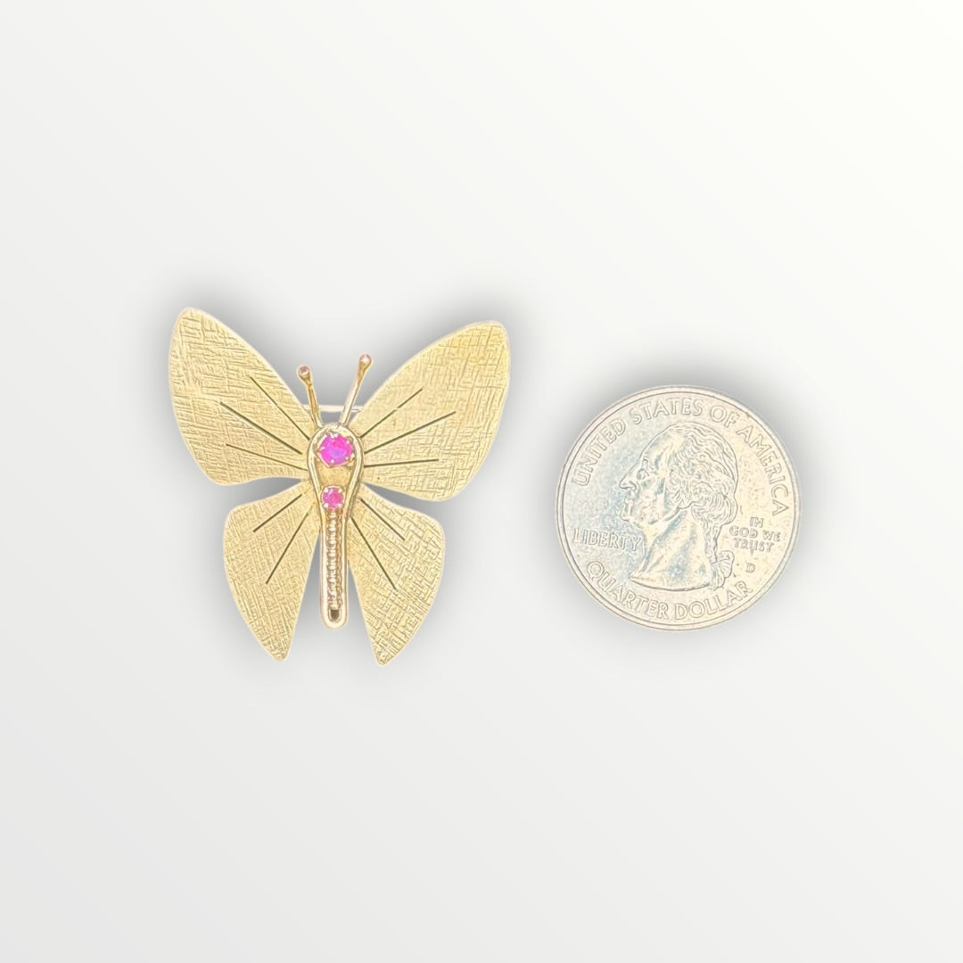 Vintage 14k Yellow Gold Ruby  Butterfly Brooch - Signed by Carl-Art