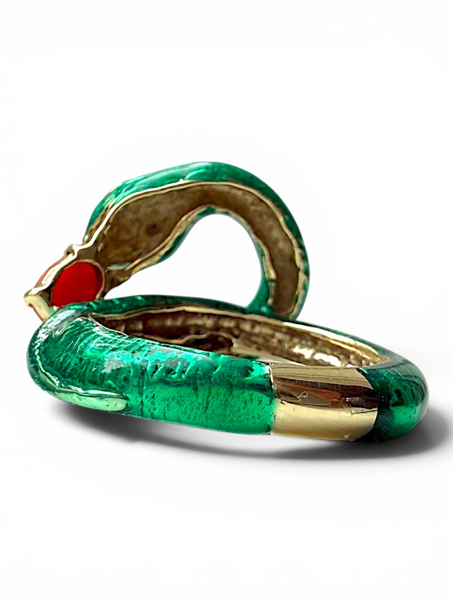 Vintage 14k Yellow Gold, Coral, Enamel Snake and Apple Ring