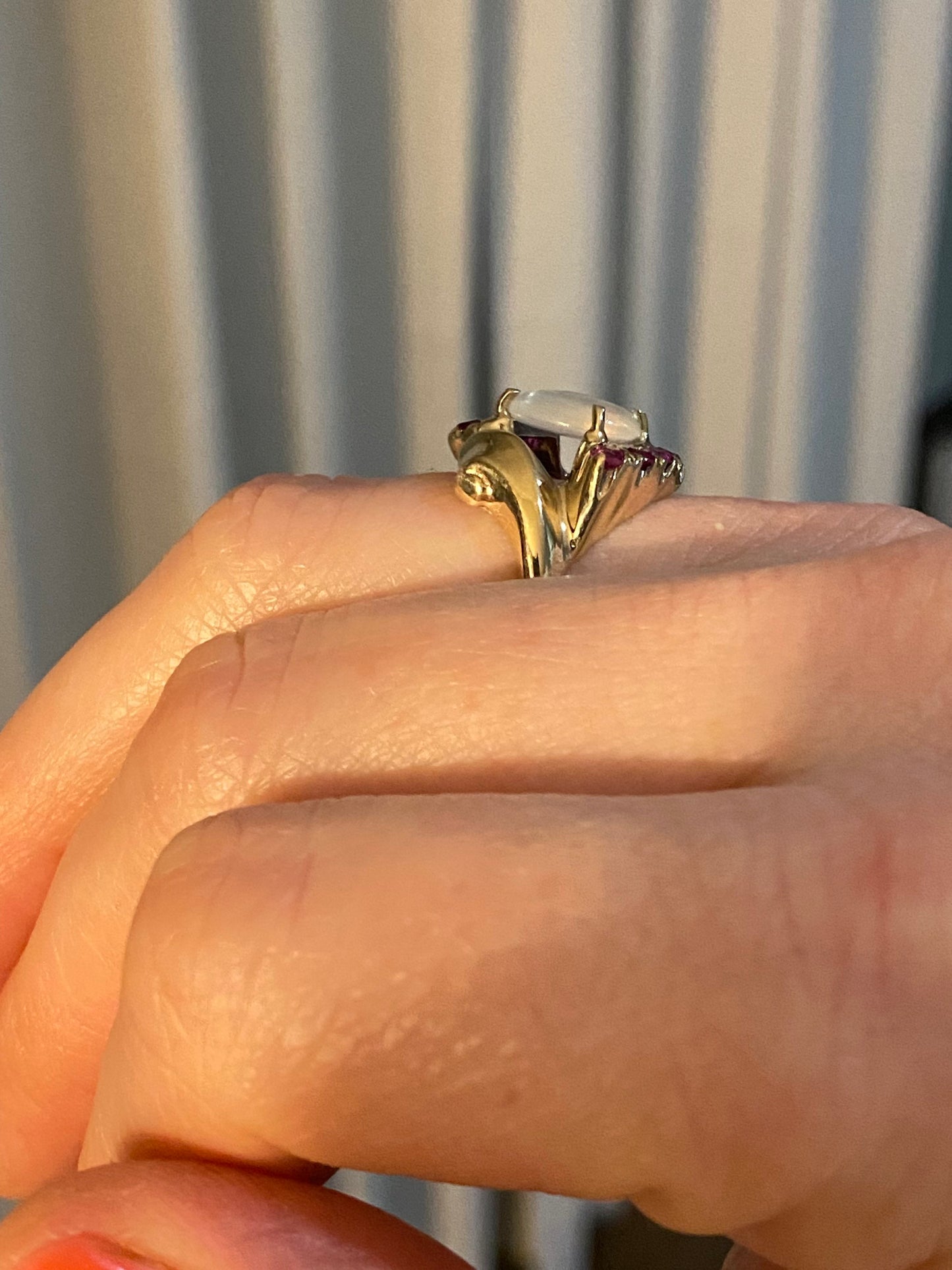 Beautiful Antique Moonstone Ruby and 10K Yellow Gold Statement Ring