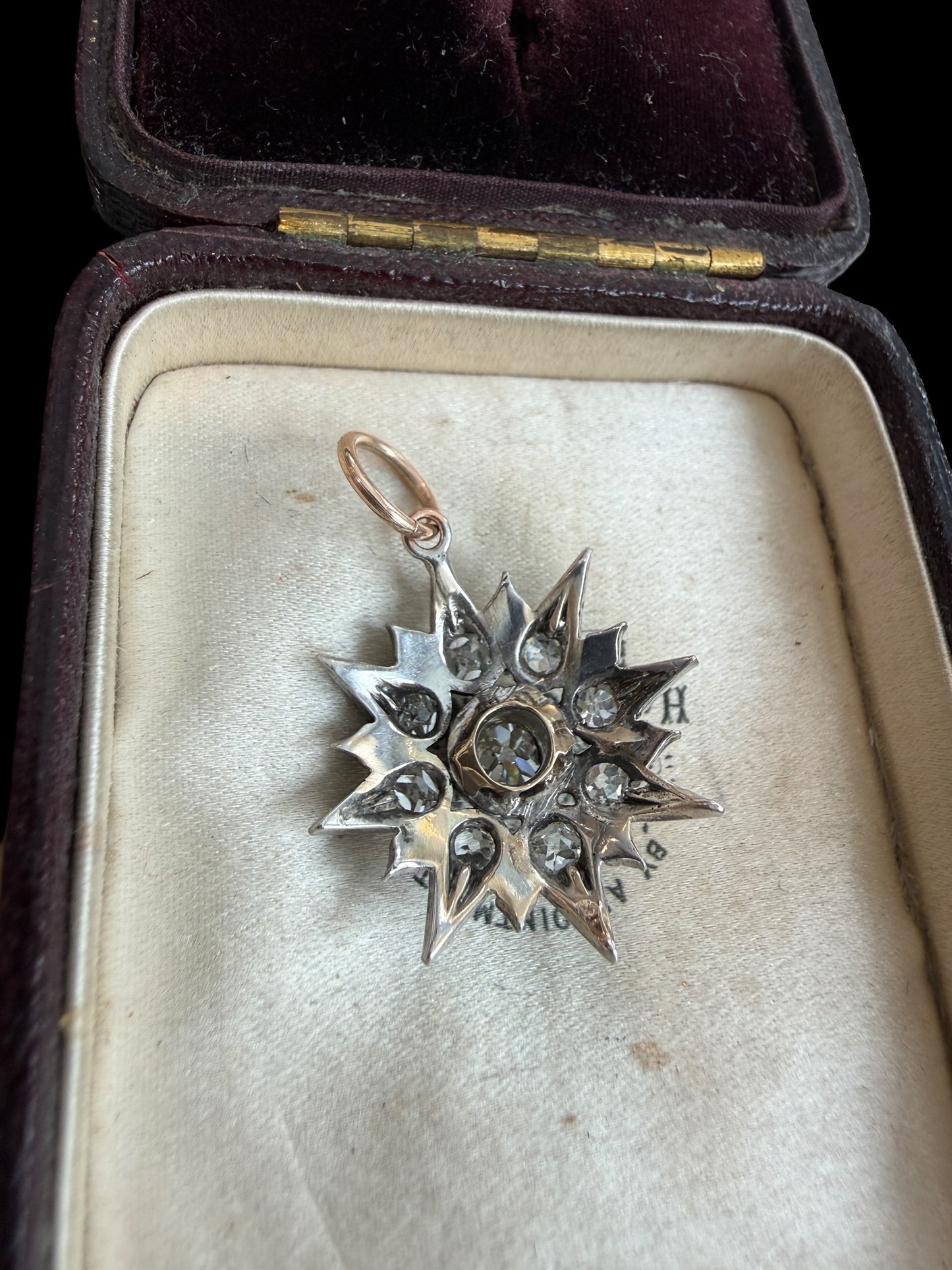 Old Mine Cut Diamond Victorian Starburst Pendant Silver Over Gold