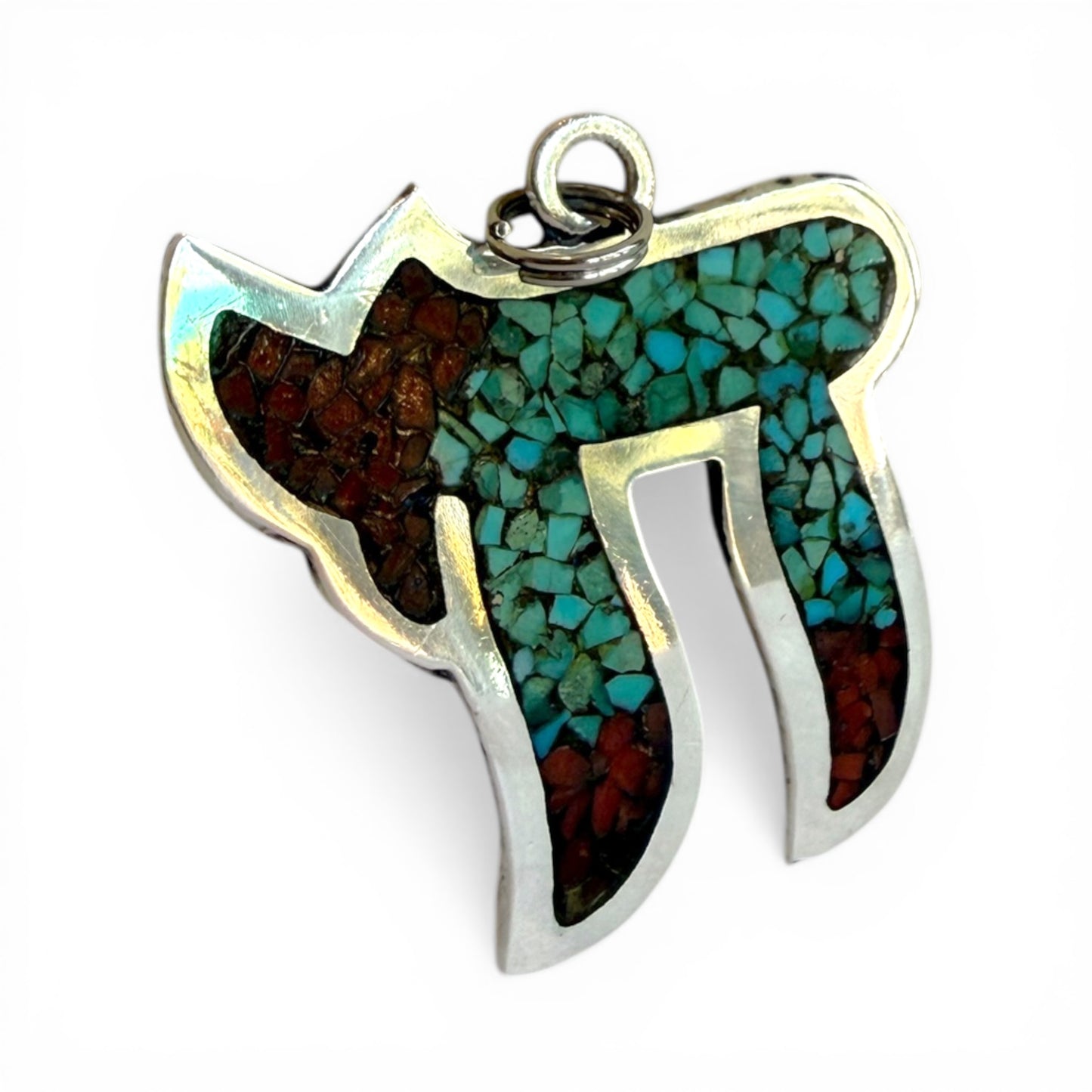 Vintage Sterling Silver Turquoise Inlay Chai Pendant