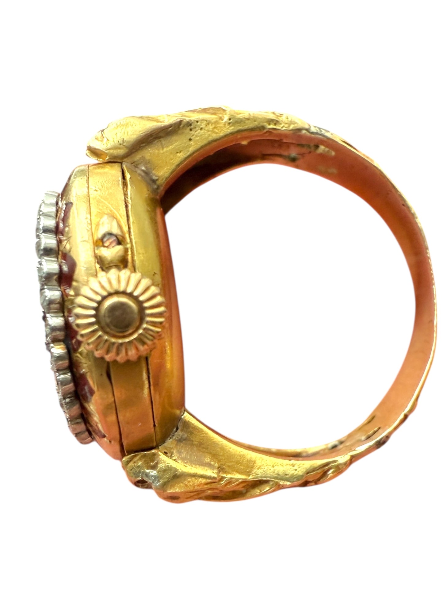 Working Antique French 18k Yellow Gold, Diamond, Enamel Ring Watch, signed LeCoultre & Cie