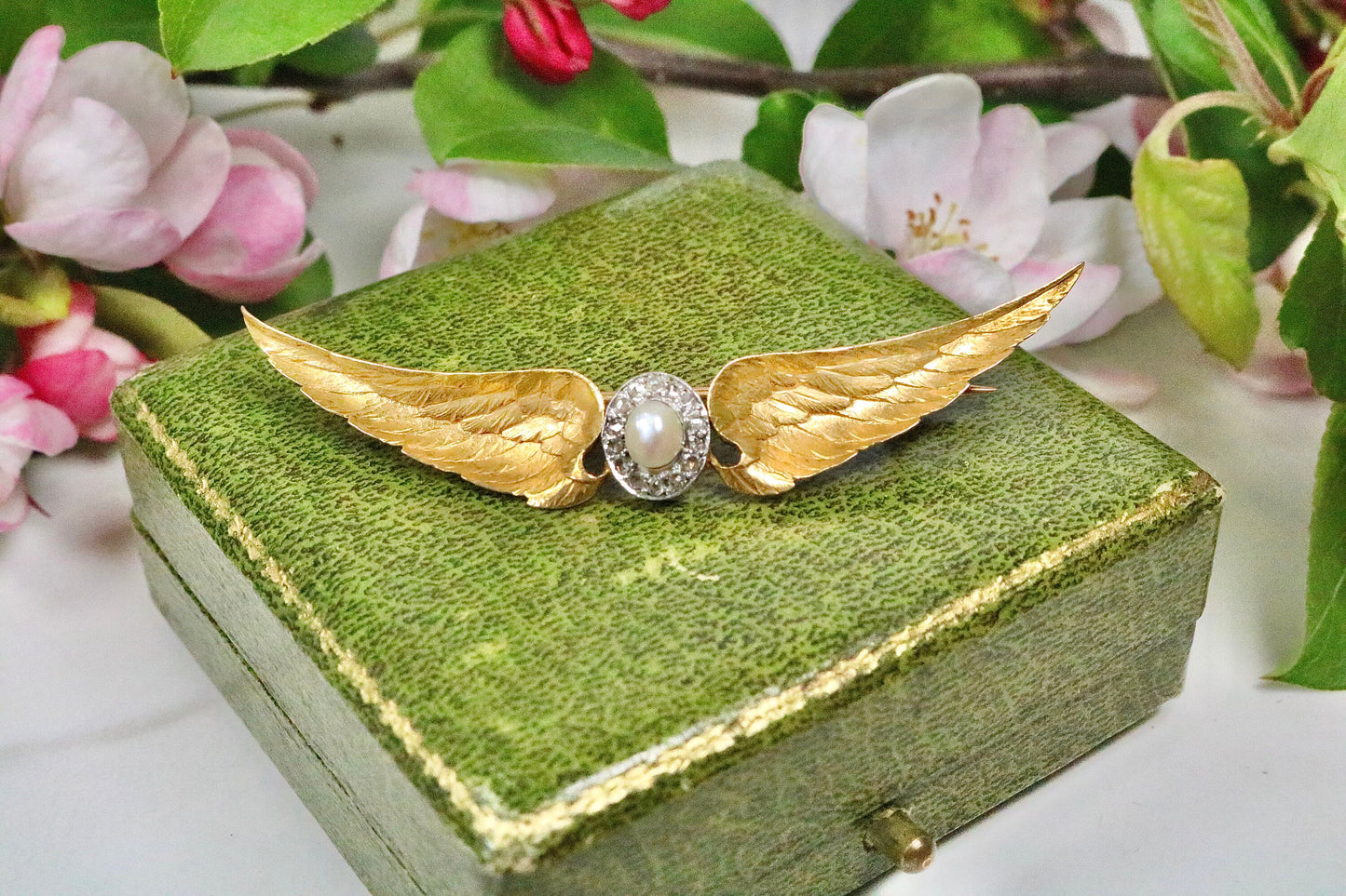 Antique French 18k Diamond and Demi-Pearl Winged Brooch