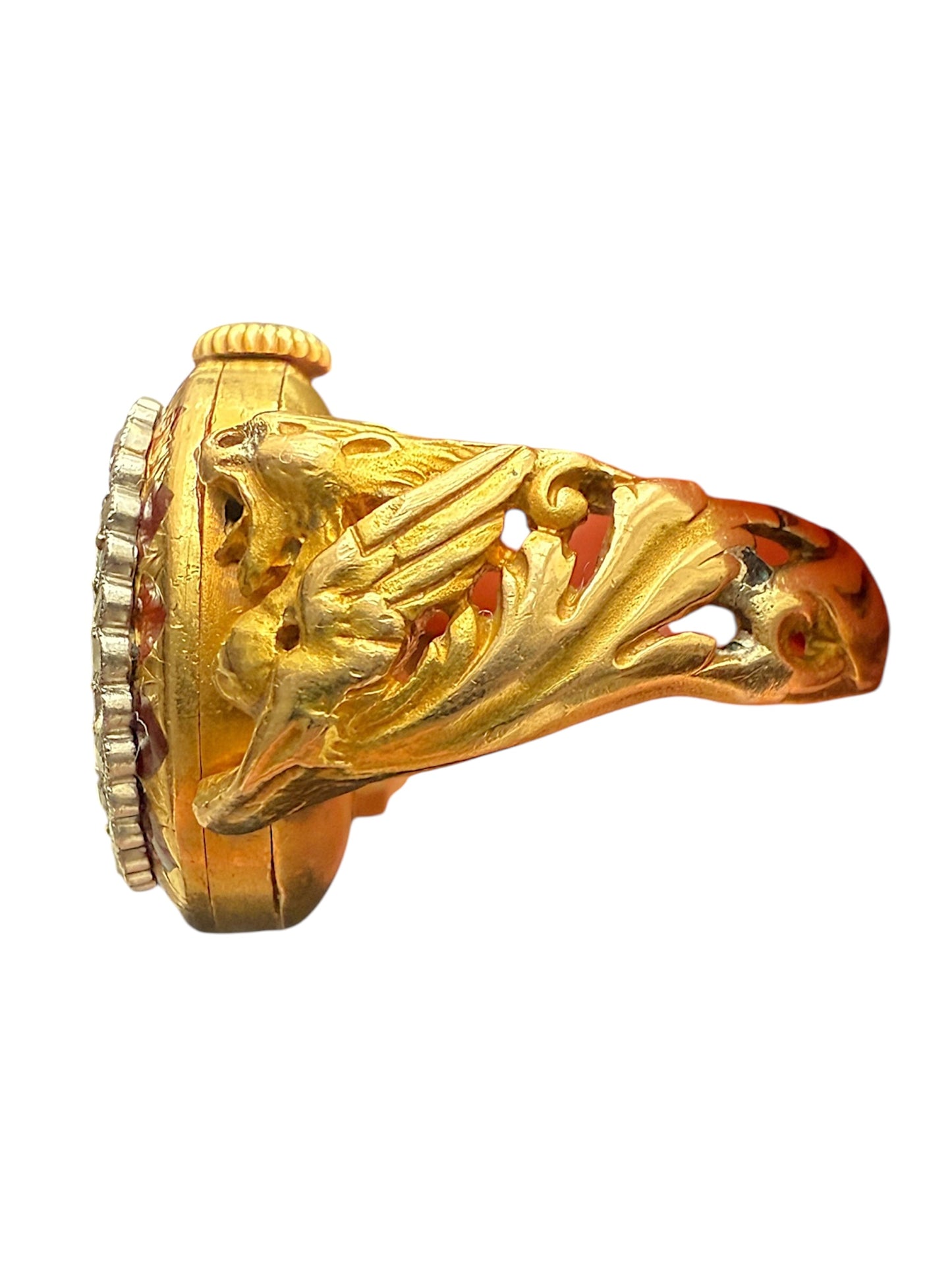 Working Antique French 18k Yellow Gold, Diamond, Enamel Ring Watch, signed LeCoultre & Cie