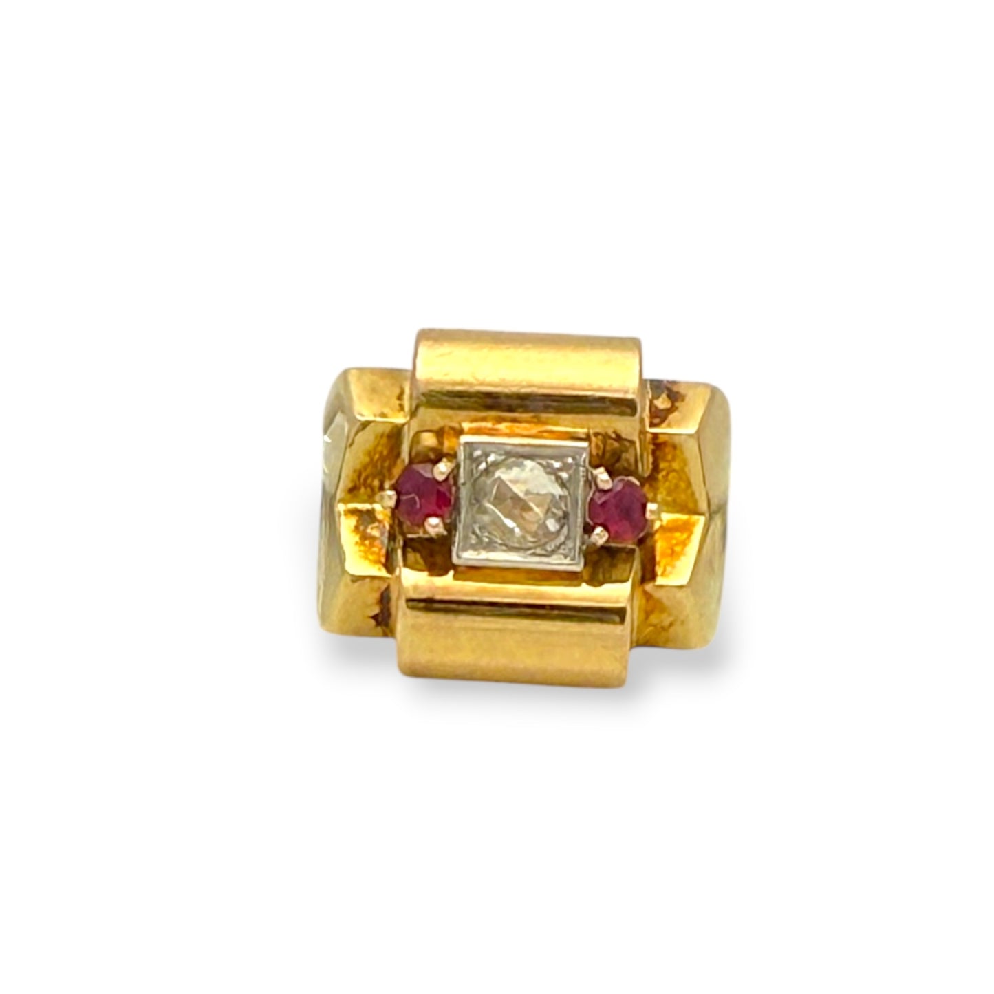 Vintage 18k Rose Cut Diamond Ruby Tank Ring
