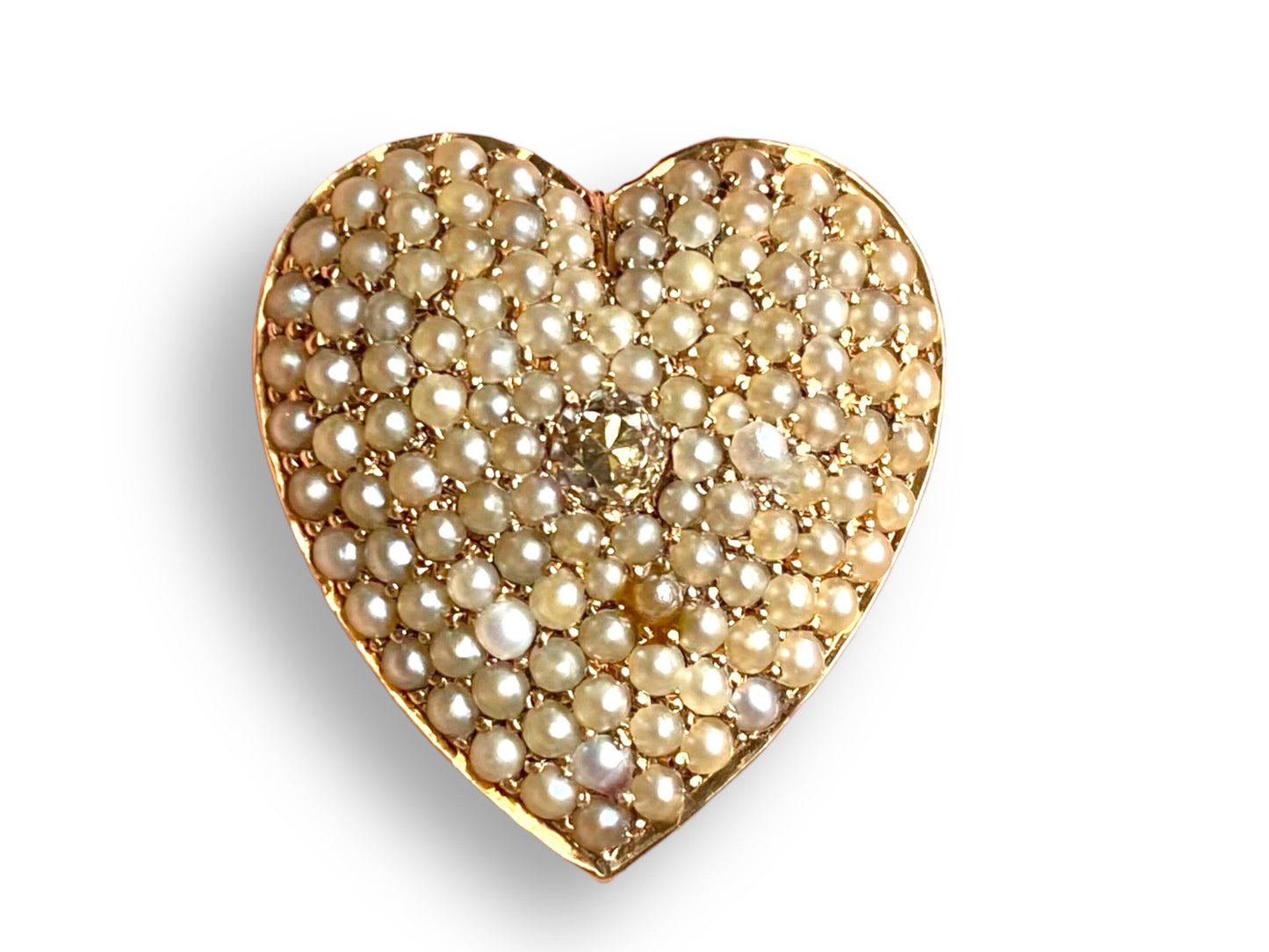 14k Yellow Gold Antique Pearl and Diamond Heart Brooch and Charm Holder