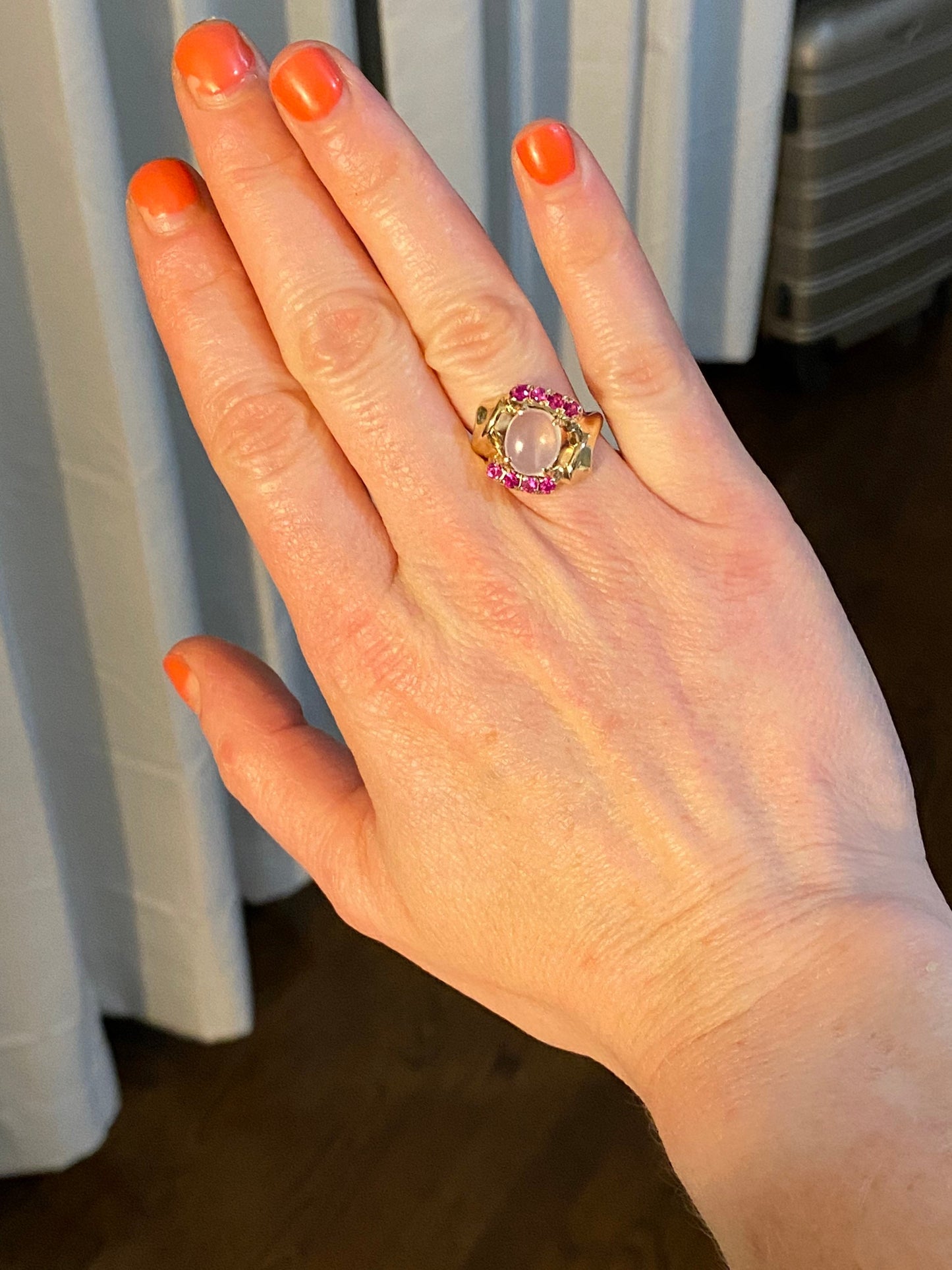 Beautiful Antique Moonstone Ruby and 10K Yellow Gold Statement Ring