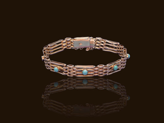 9k Yellow Gold and Turquoise Antique Gate-Link Bracelet