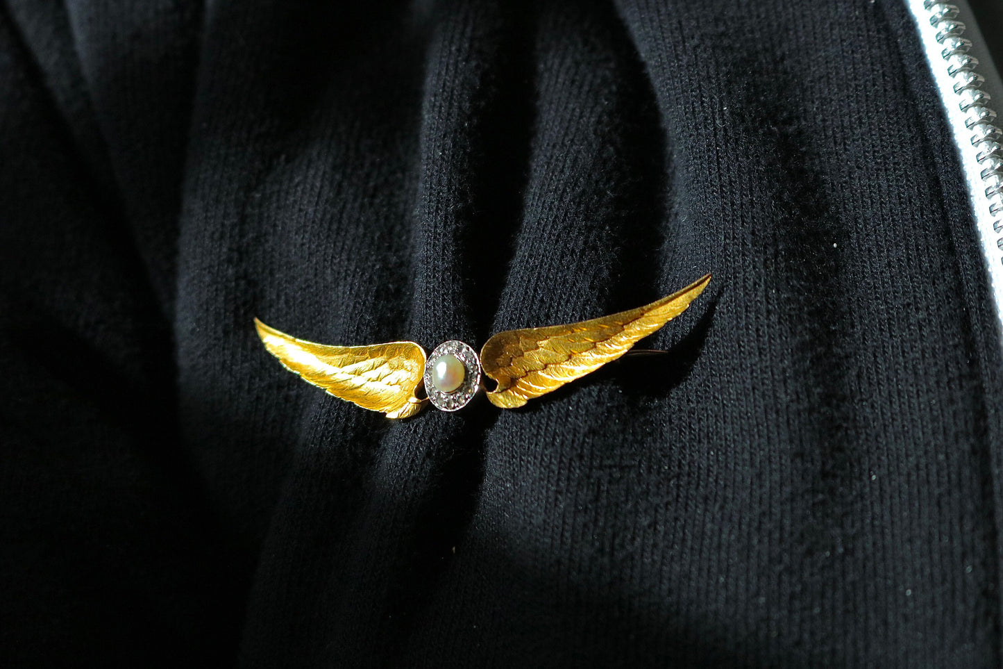 Antique French 18k Diamond and Demi-Pearl Winged Brooch