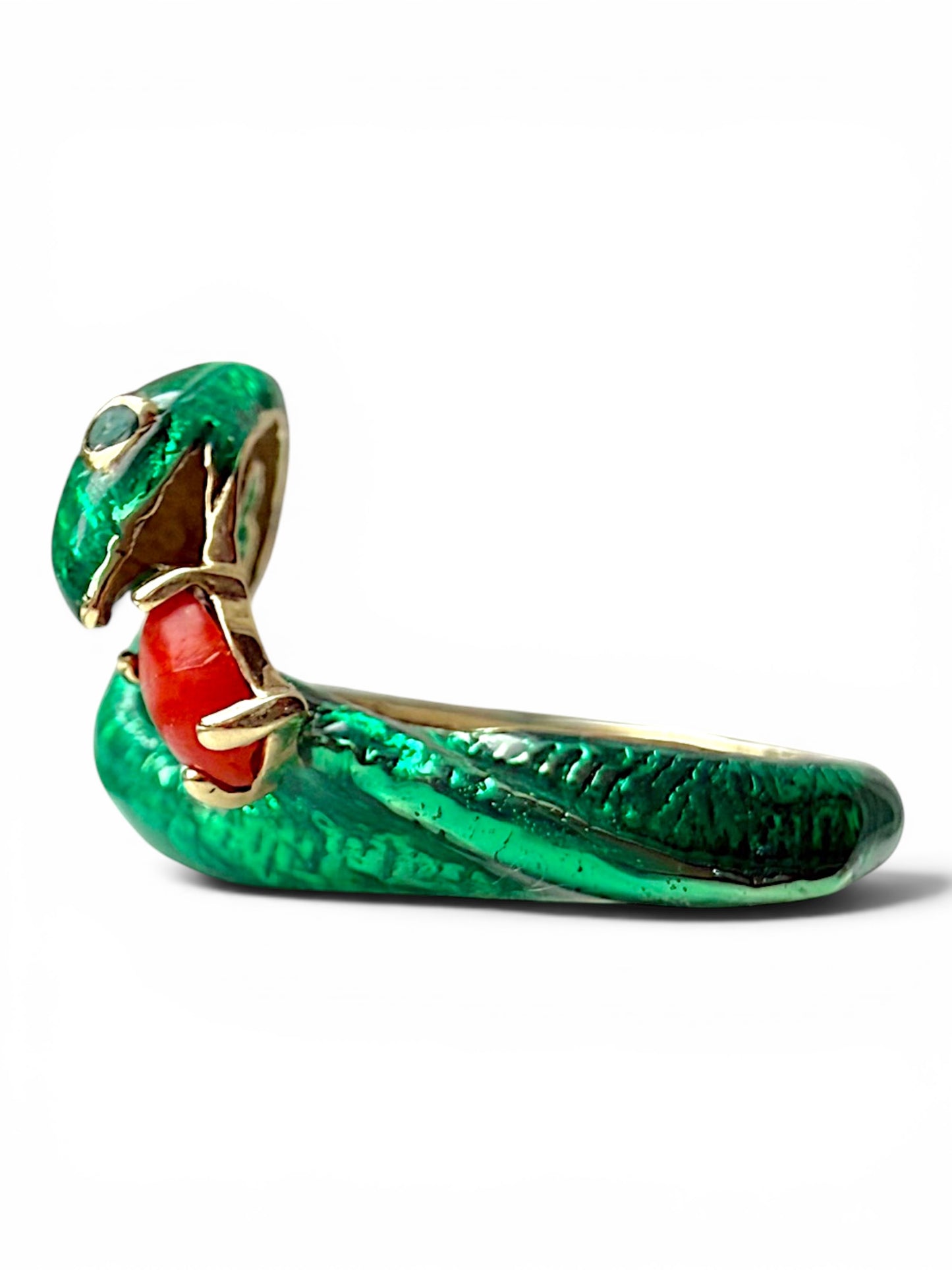 Vintage 14k Yellow Gold, Coral, Enamel Snake and Apple Ring