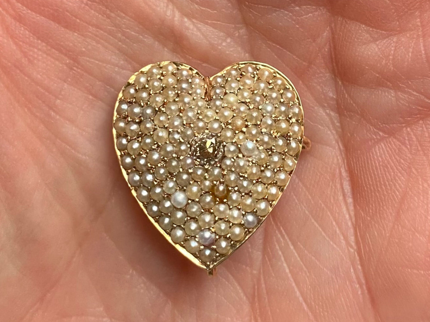 14k Yellow Gold Antique Pearl and Diamond Heart Brooch and Charm Holder