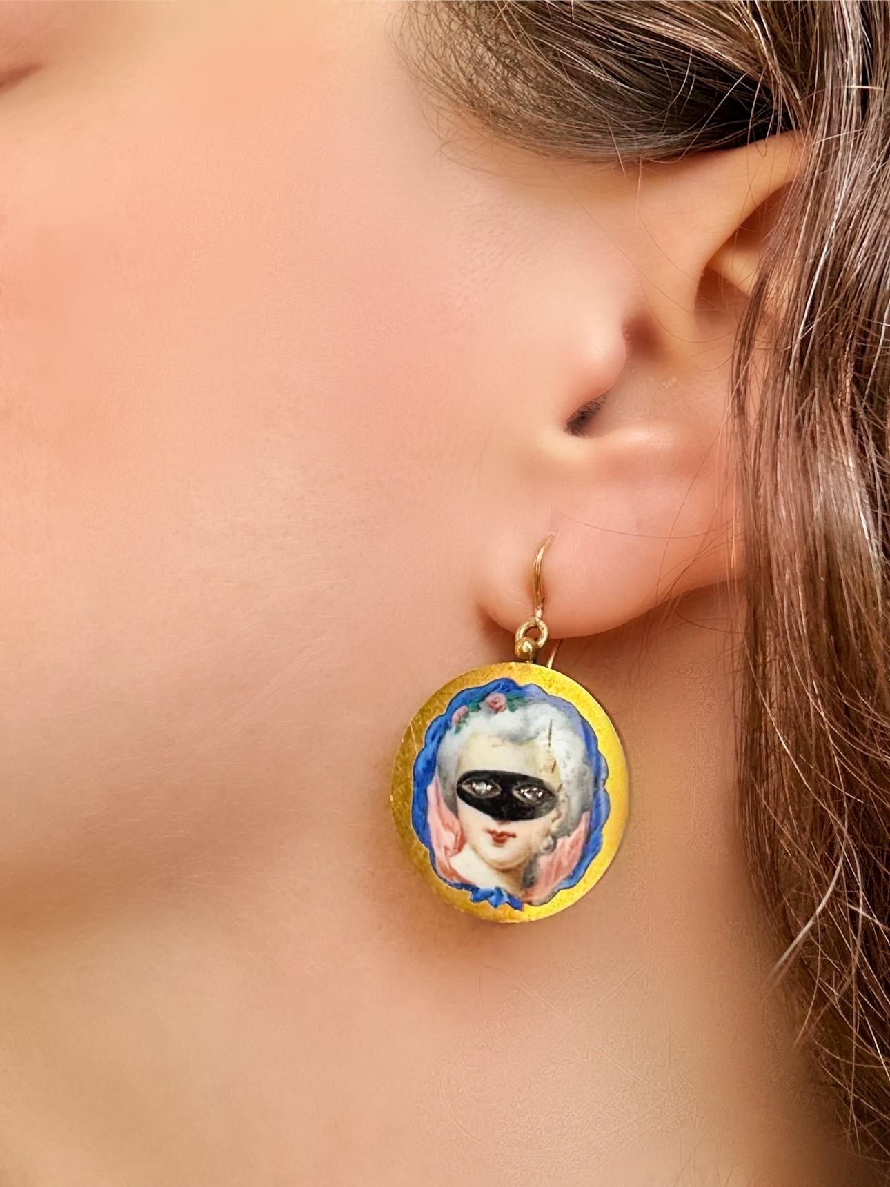 Antique Masked Lady Patch Box Earrings | 18k Enamel and Rose Cut Diamond