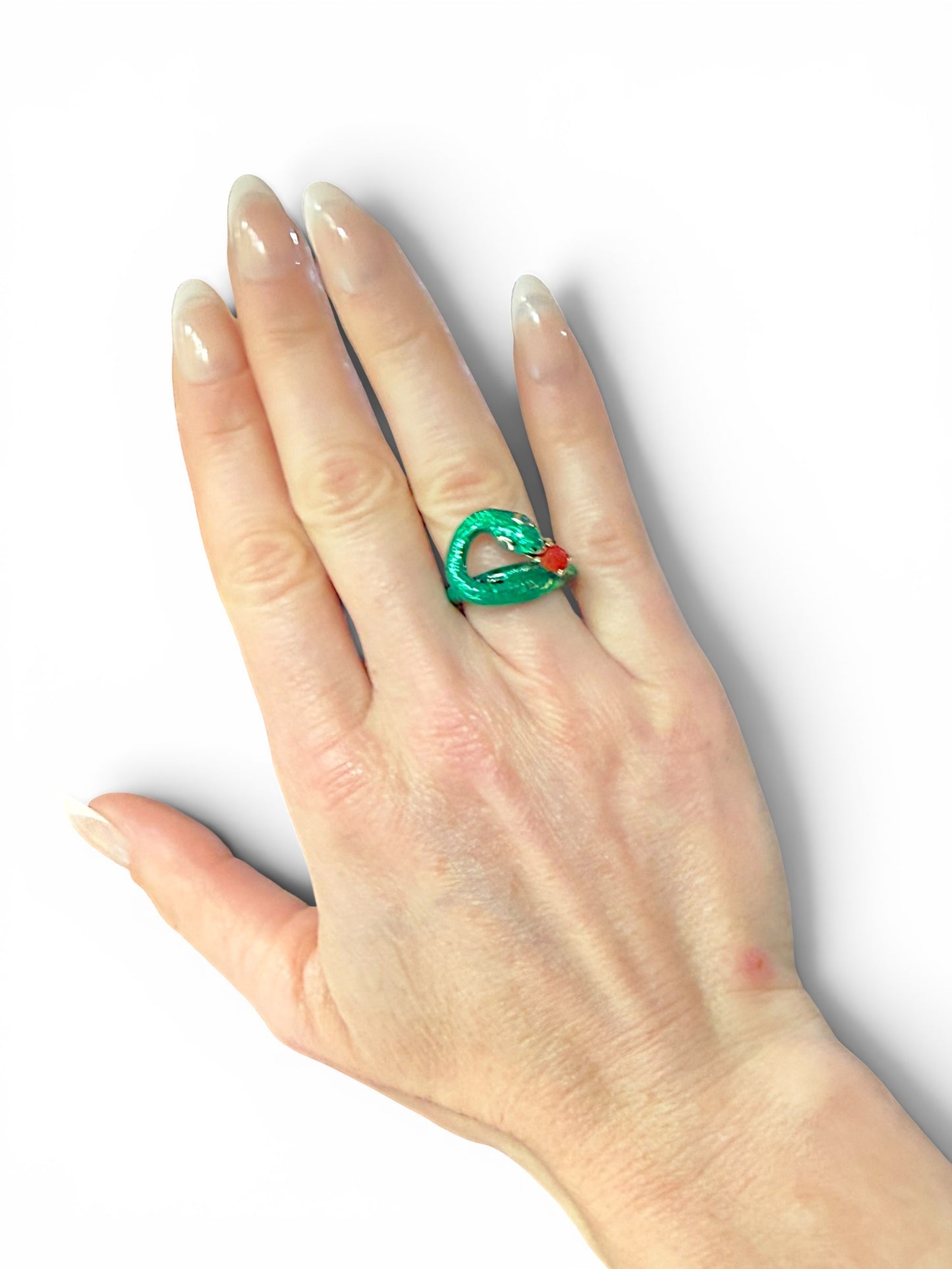 Vintage 14k Yellow Gold, Coral, Enamel Snake and Apple Ring
