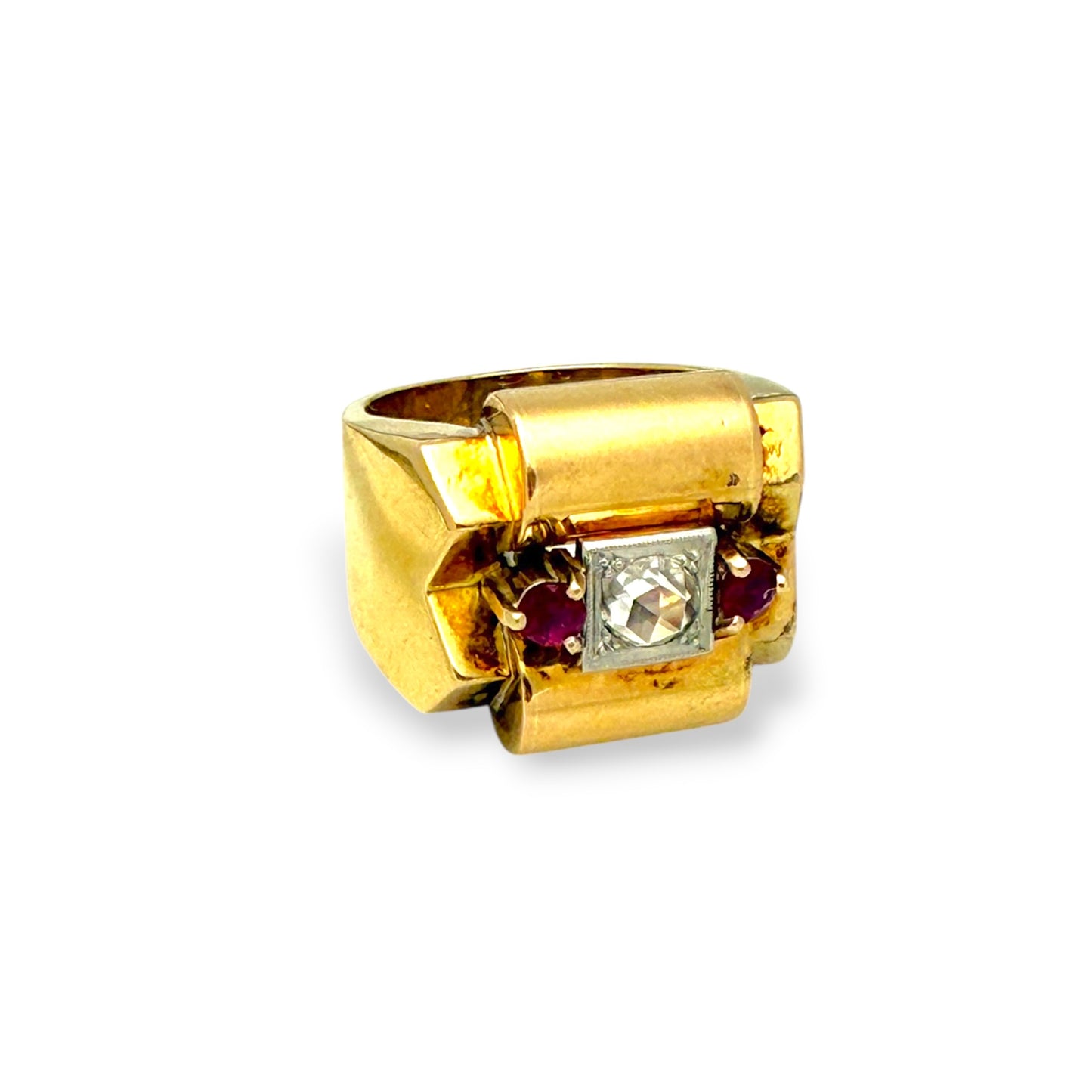Vintage 18k Rose Cut Diamond Ruby Tank Ring