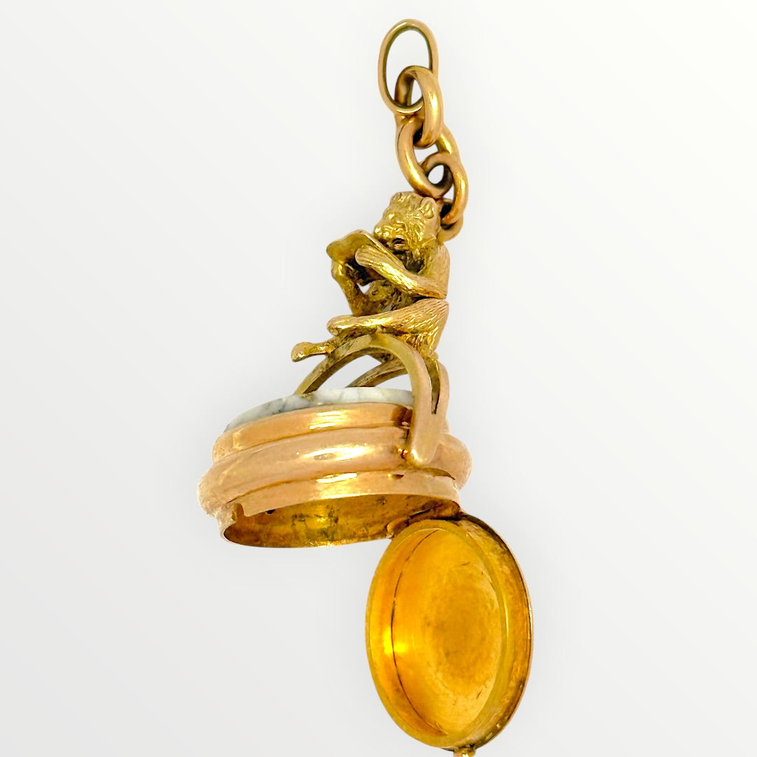 Antique 18k Gold in Quartz Reading Monkey Swivel Watch Fob Locket