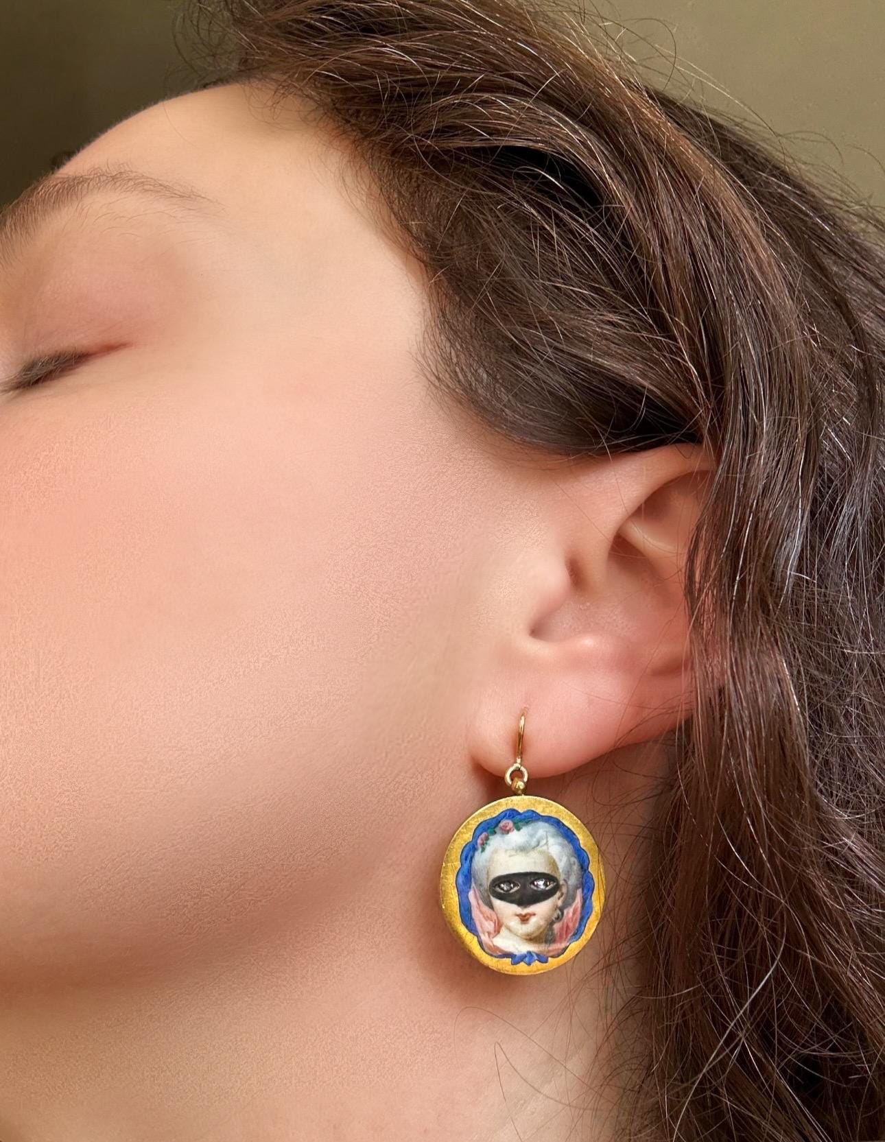 Antique Masked Lady Patch Box Earrings | 18k Enamel and Rose Cut Diamond