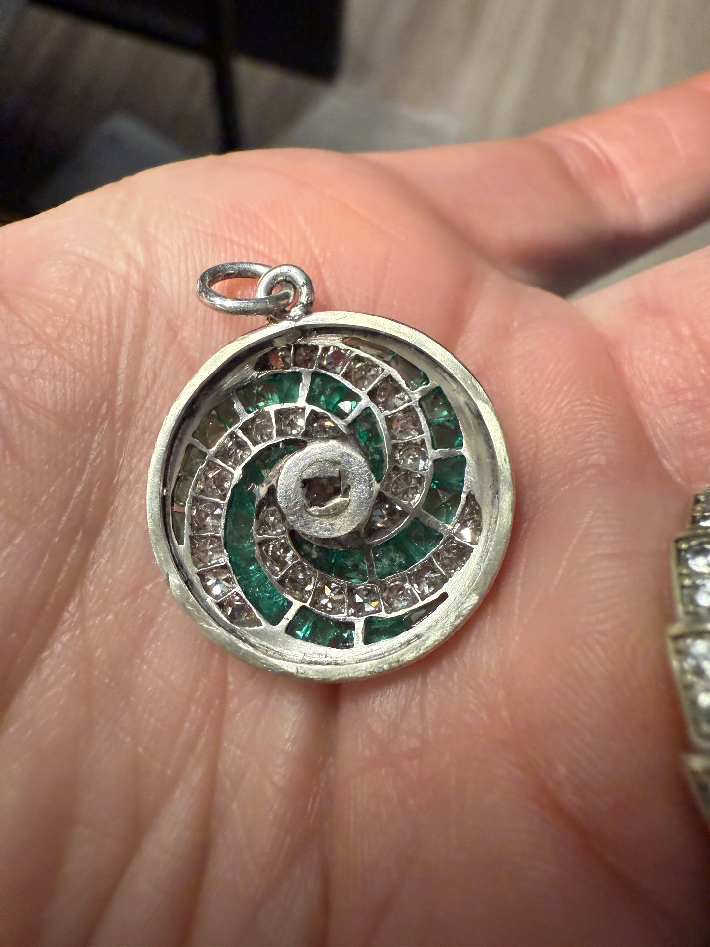 Antique Diamond and Emerald Swirl Pendant