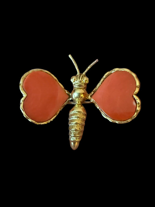 Vintage 18k Yellow Gold Coral Butterfly Brooch