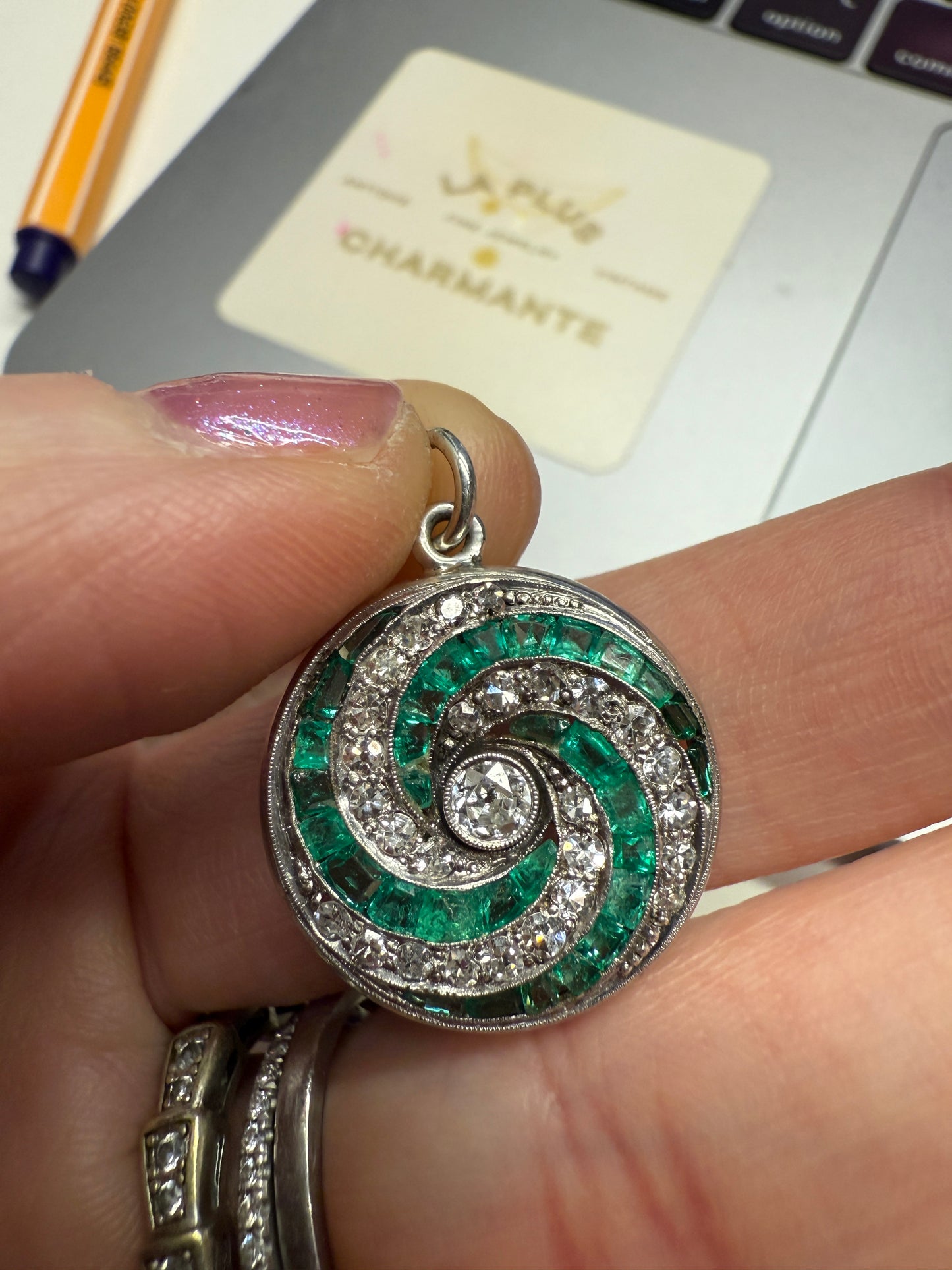 Antique Diamond and Emerald Swirl Pendant