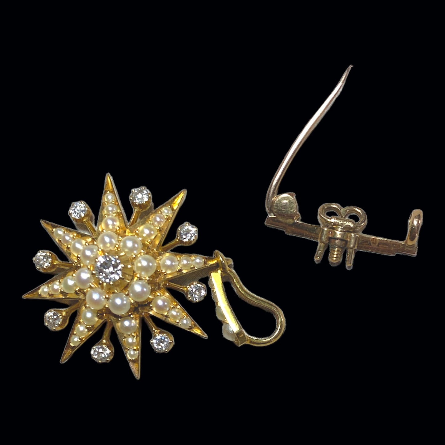 Superb 18k Yellow Gold Victorian Starburst Convertible Pendant / Brooch with Diamonds and Seed Pearls