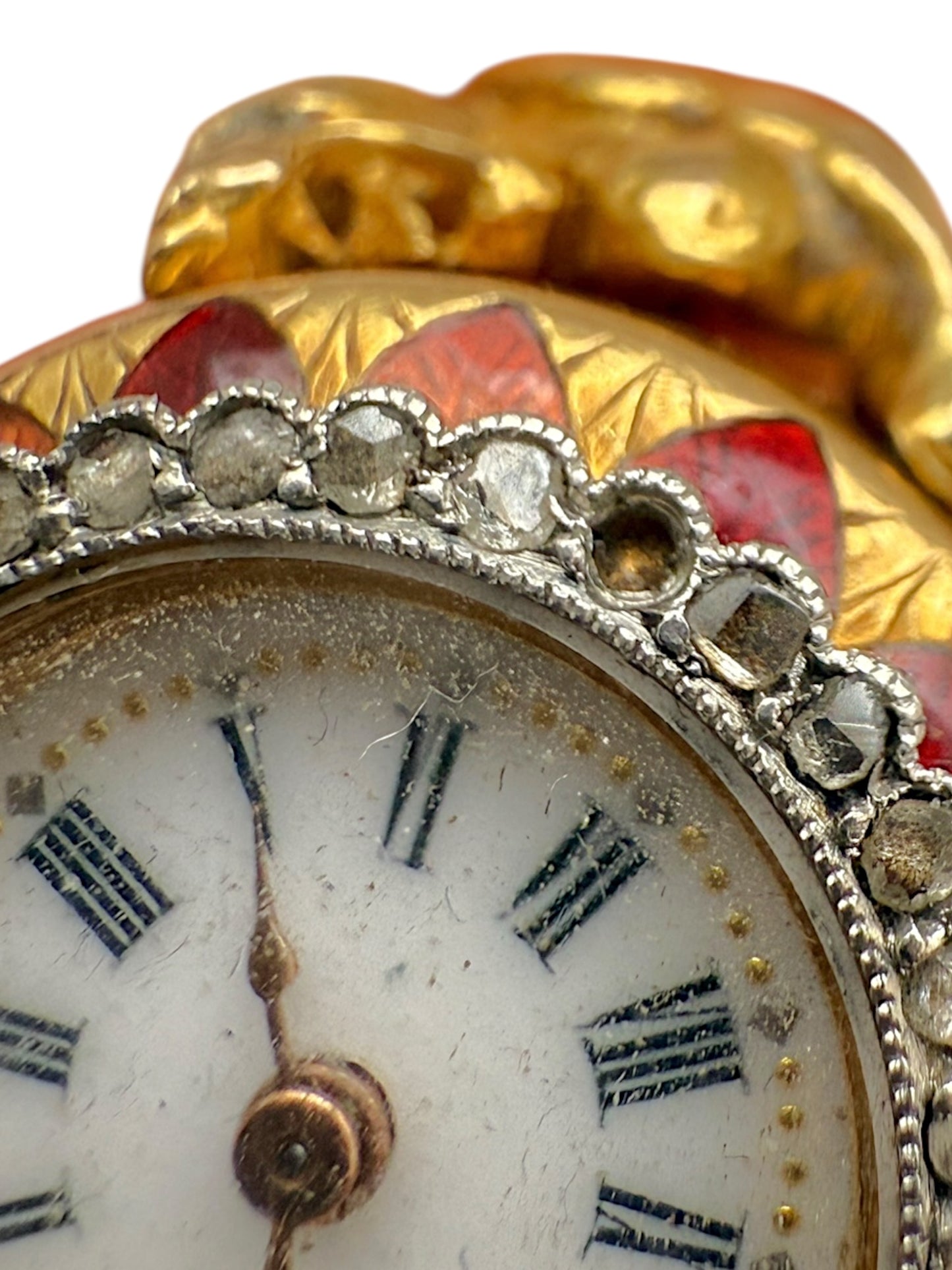 Working Antique French 18k Yellow Gold, Diamond, Enamel Ring Watch, signed LeCoultre & Cie