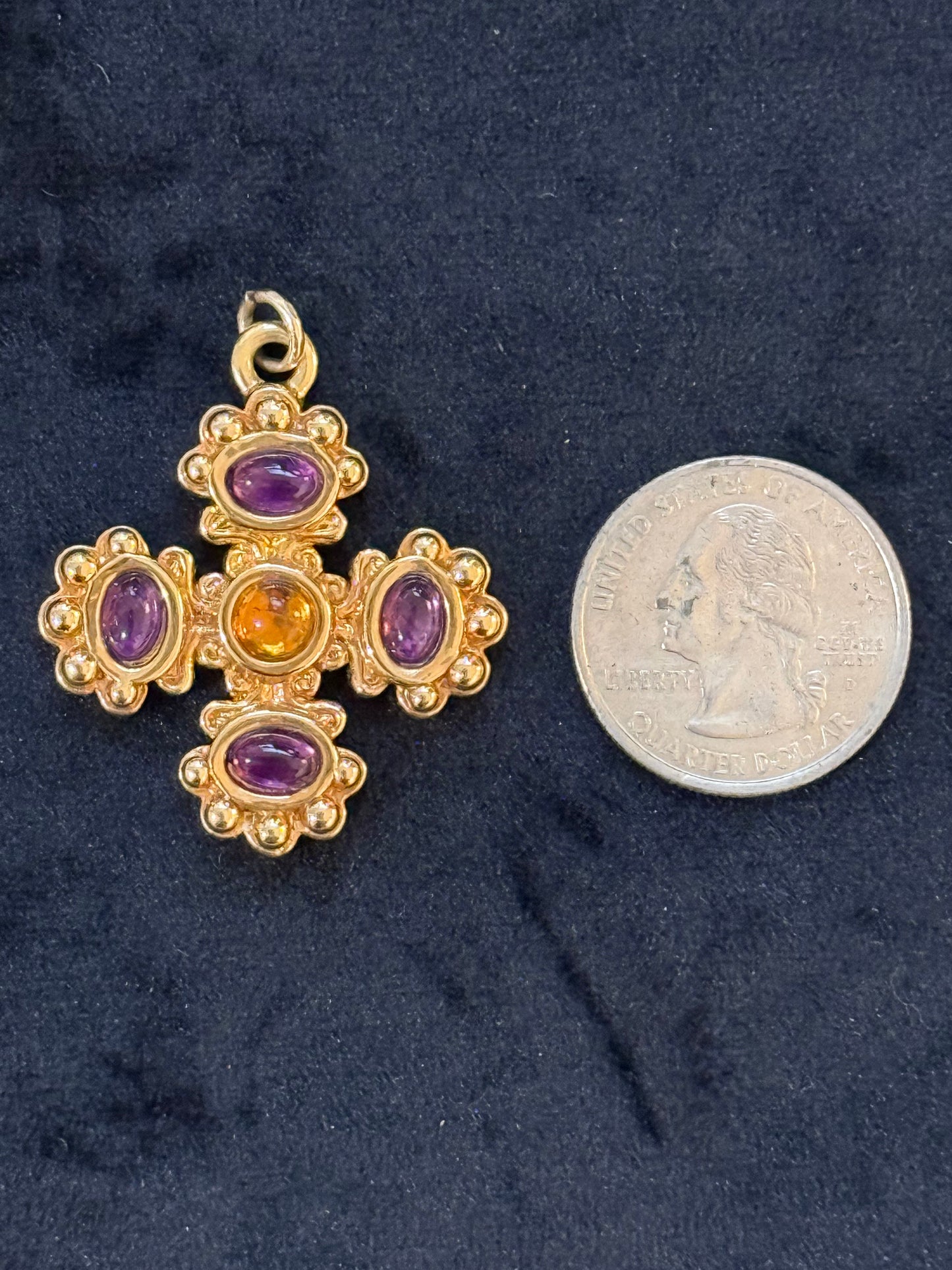 Vintage 18K Yellow Gold Cross Charm with Citrine and Amethyst