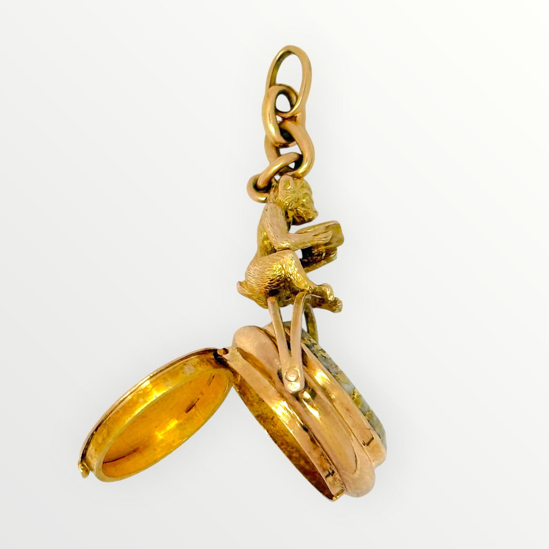 Antique 18k Gold in Quartz Reading Monkey Swivel Watch Fob Locket