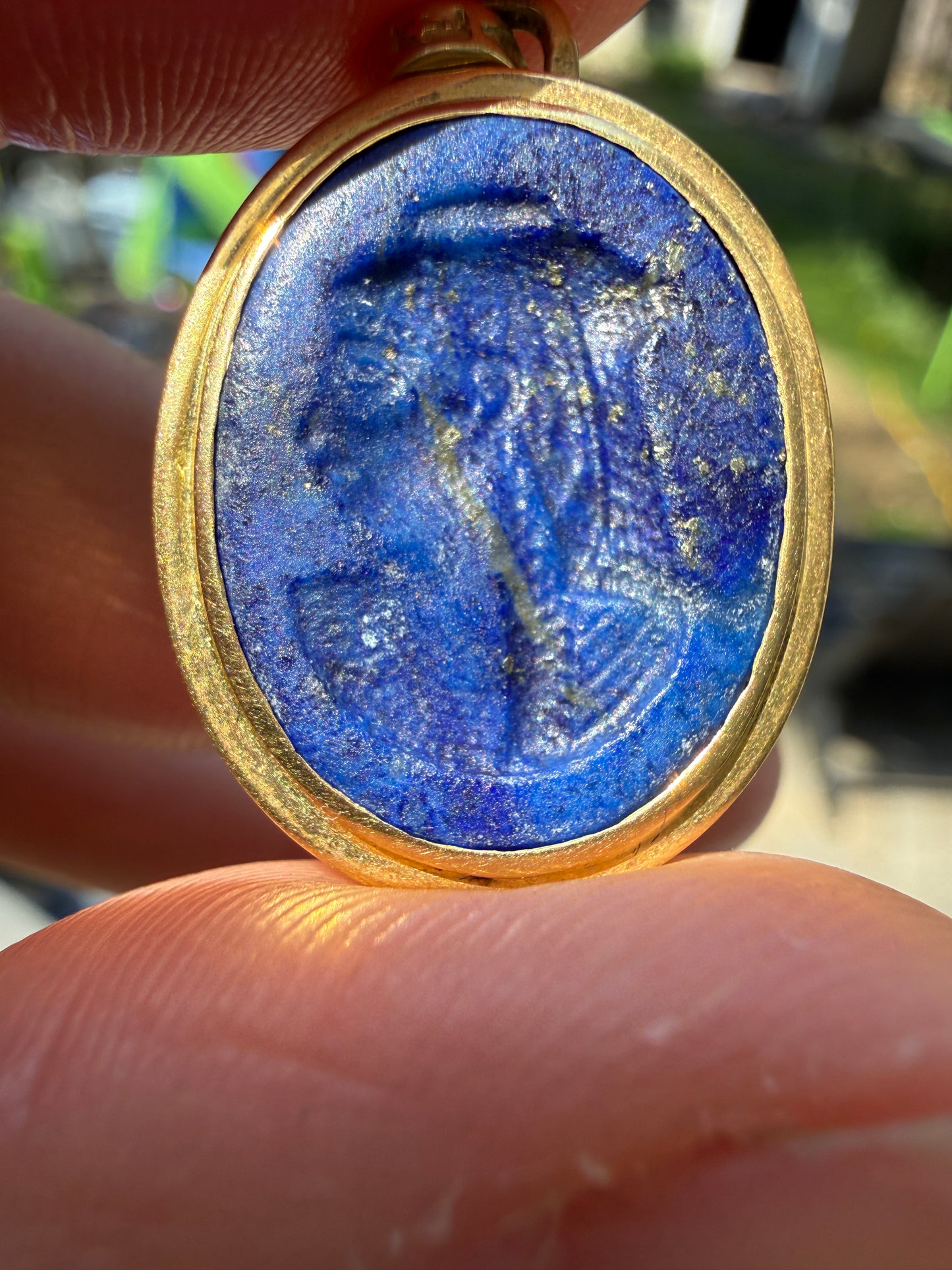 Vintage 18k Yellow Gold and Lapis Lazuli Intaglio of Egyptian Principle Queen Wax Seal Stamp Pendant