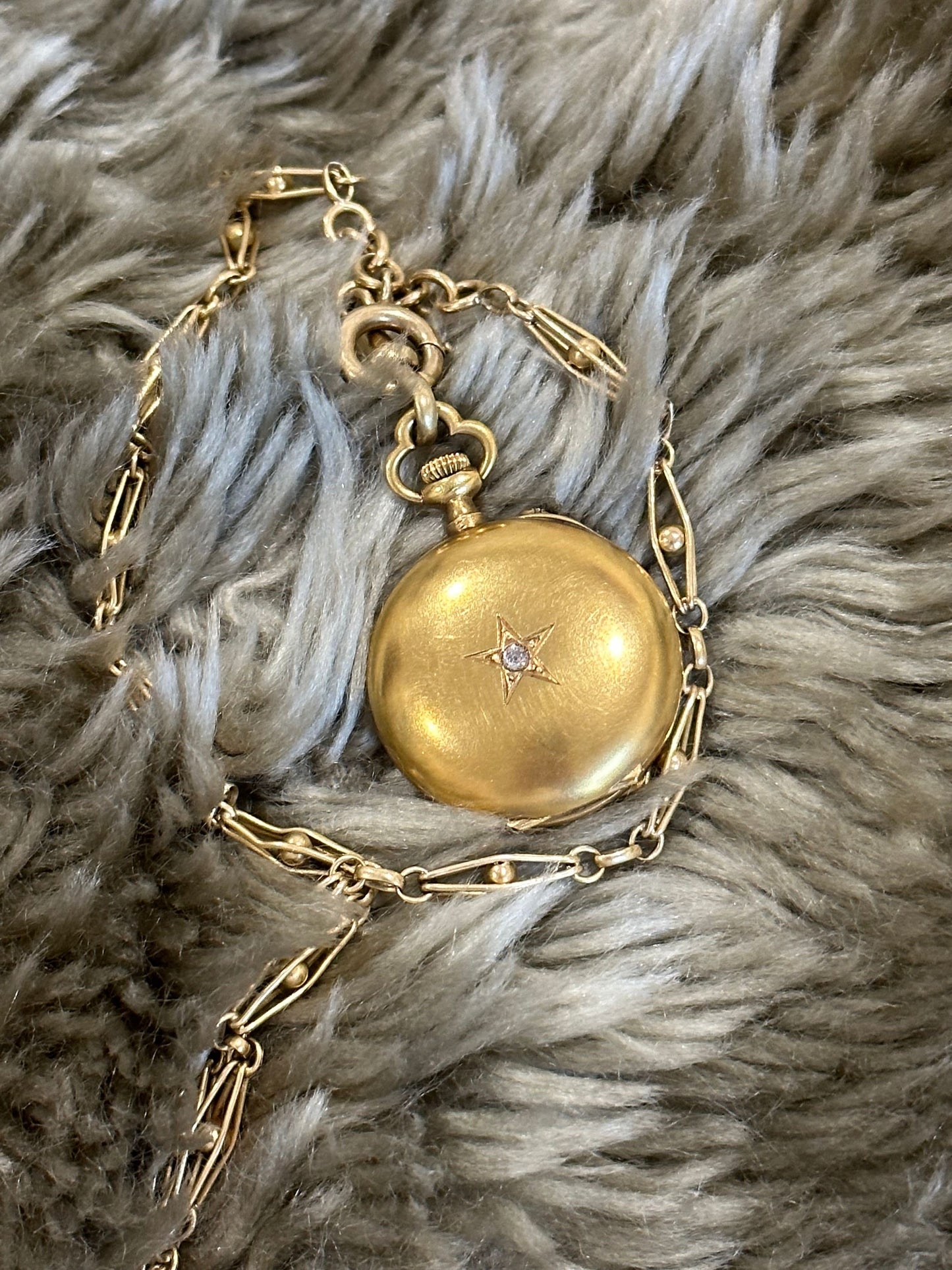 Antique French Belle Epoque Pocket Watch with 18k Case and Star-Set Old Cut Diamond