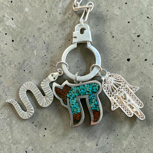 Vintage Sterling Silver Turquoise Inlay Chai Pendant