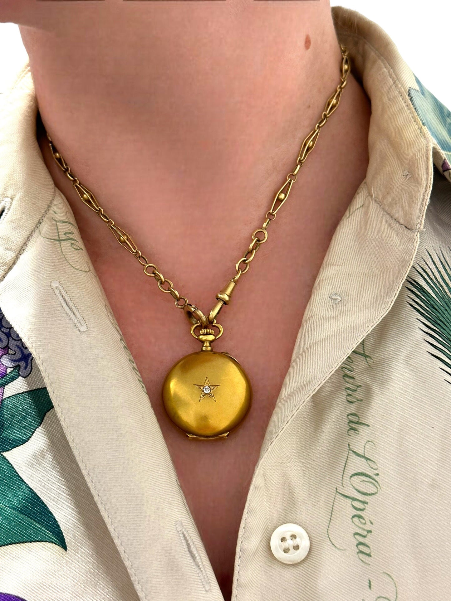 Antique French Belle Epoque Pocket Watch with 18k Case and Star-Set Old Cut Diamond