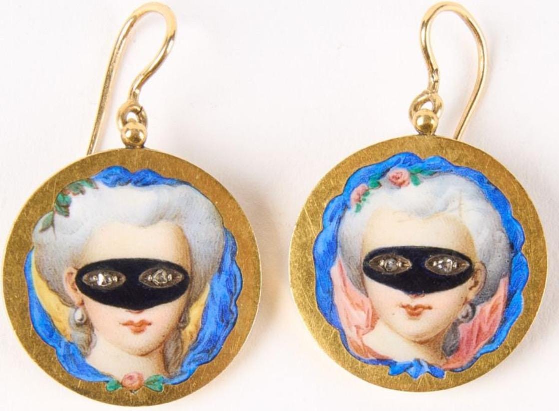 Antique Masked Lady Patch Box Earrings | 18k Enamel and Rose Cut Diamond