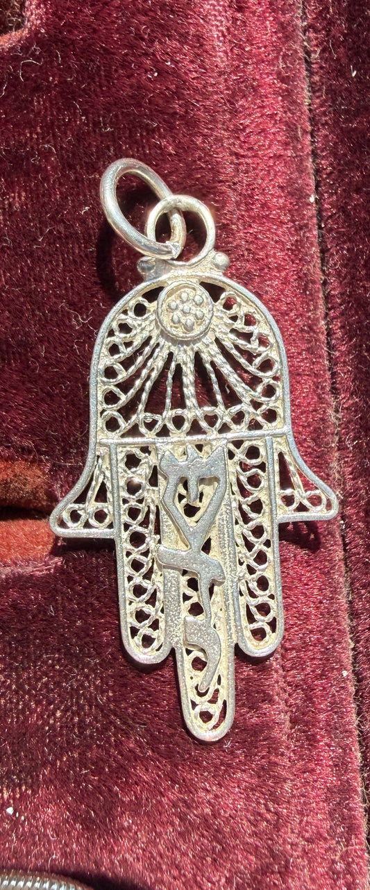 Vintage Sterling Silver Hamsa Filigree Hand Pendant Charm