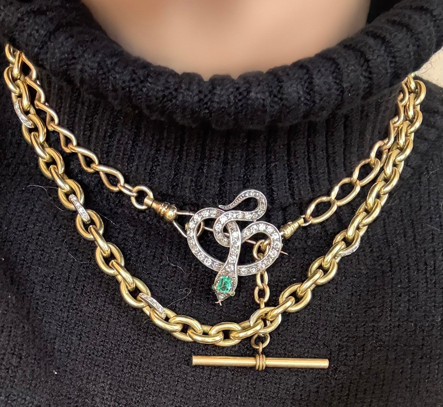 Antique 18k Diamond and Emerald Snake Brooch
